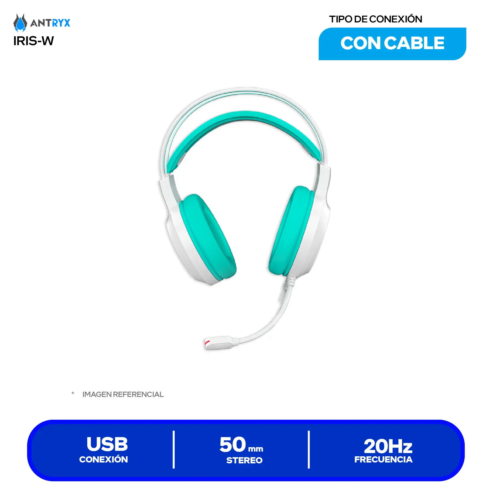 Audífono Gamer Antryx Iris-W Turquesa (AGH-7100WTE) USB, Micrófono Integrado