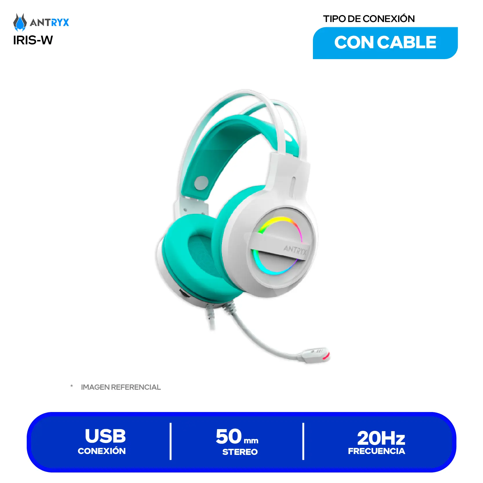 Audífono Gamer Antryx Iris-W Turquesa (AGH-7100WTE) USB, Micrófono Integrado