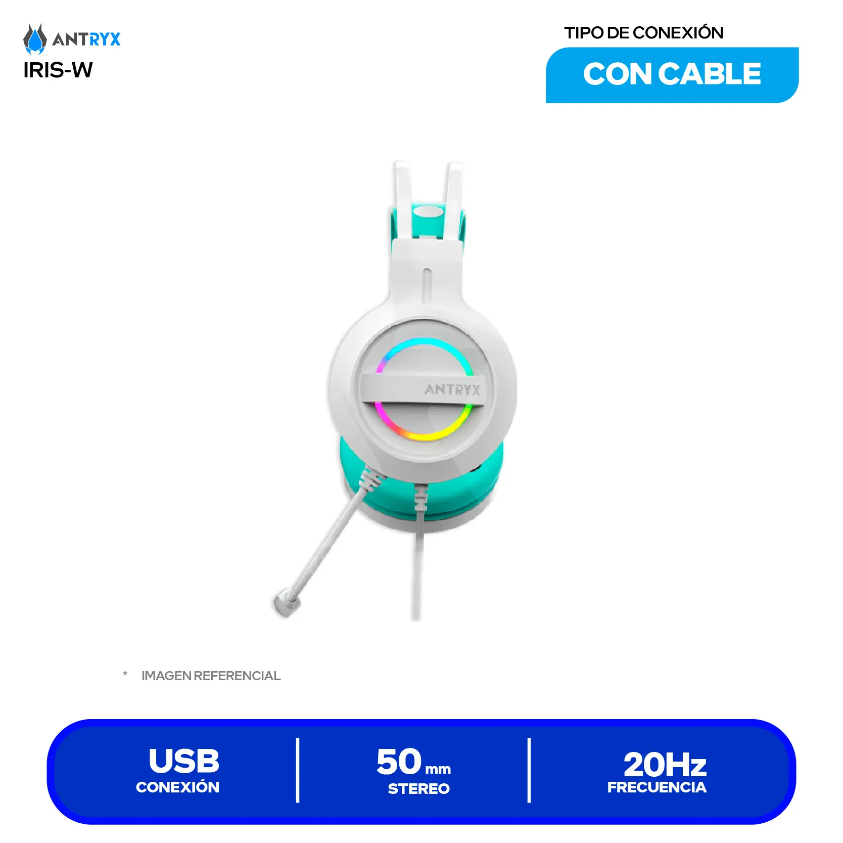 Audífono Gamer Antryx Iris-W Turquesa (AGH-7100WTE) USB, Micrófono Integrado