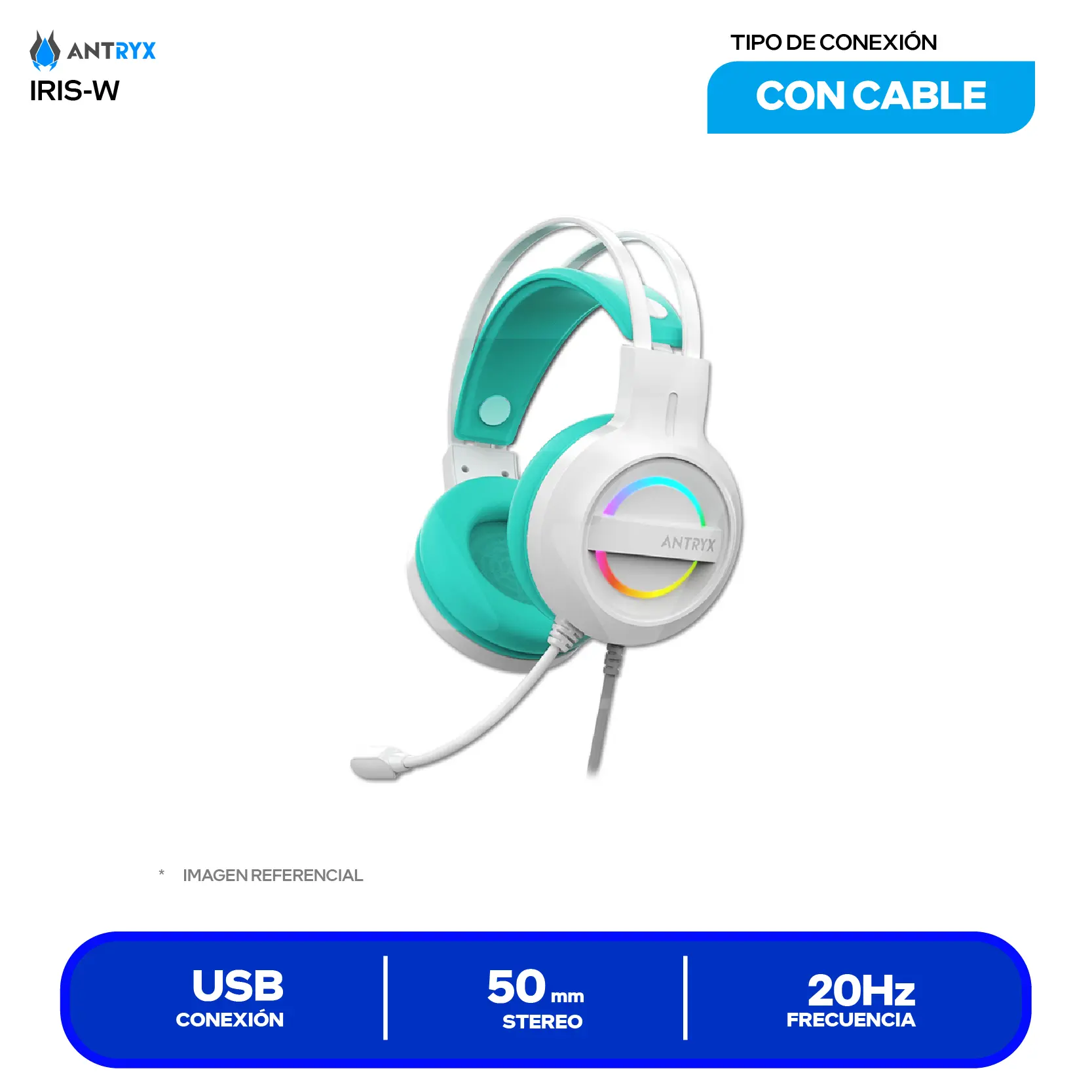 Audífono Gamer Antryx Iris-W Turquesa (AGH-7100WTE) USB, Micrófono Integrado