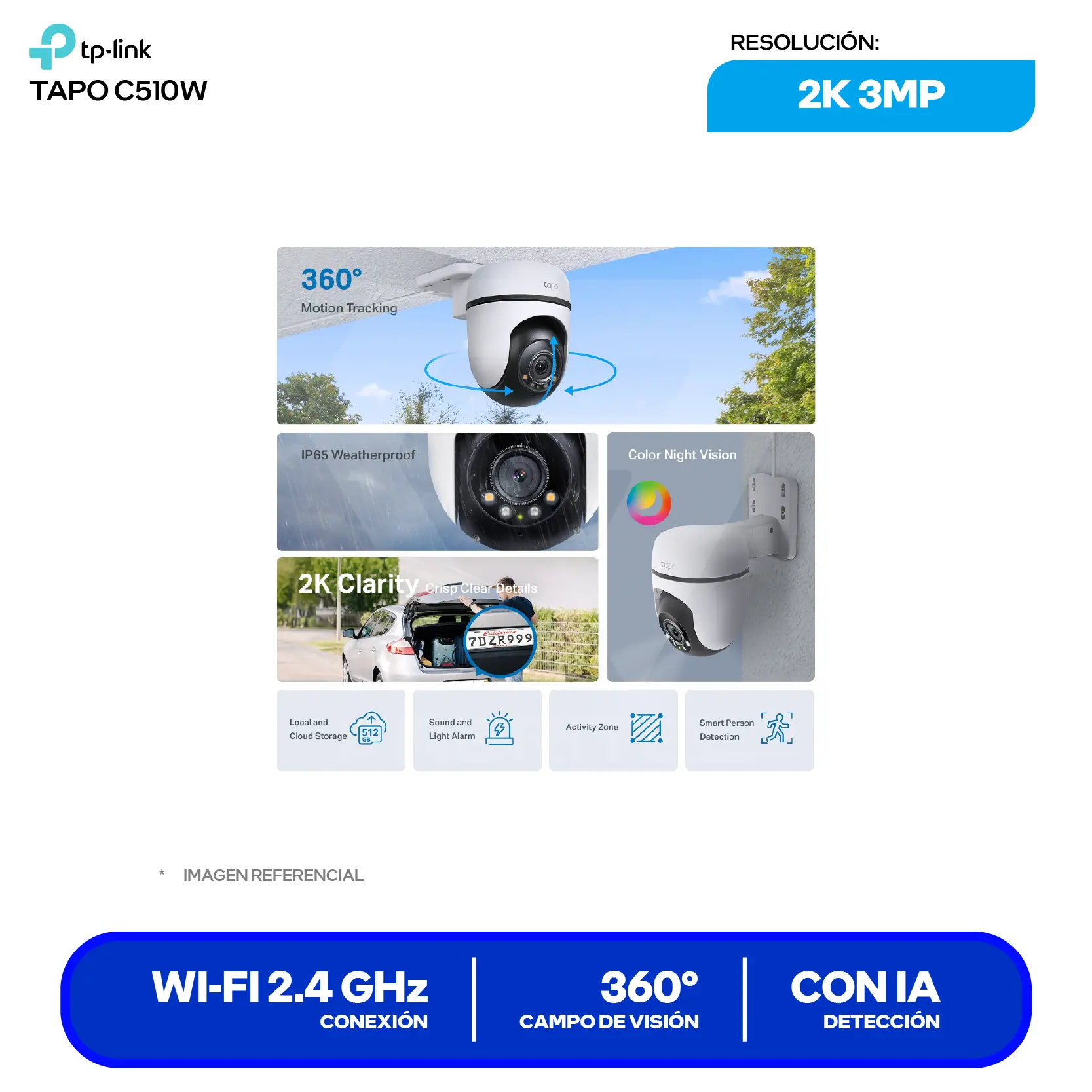 Cámara de Vigilancia TP-Link Tapo C510W Wi-Fi (C510W) 2K, 360°, Con Visión Nocturna