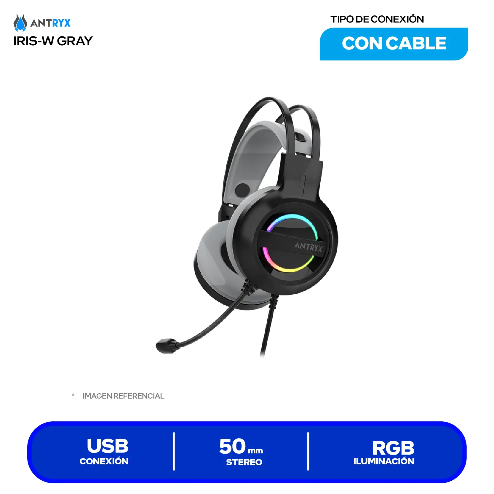 Audífono Gamer Antryx Iris-K Gris (AGH-7100KGY) USB, Iluminación, Micrófono Integrado
