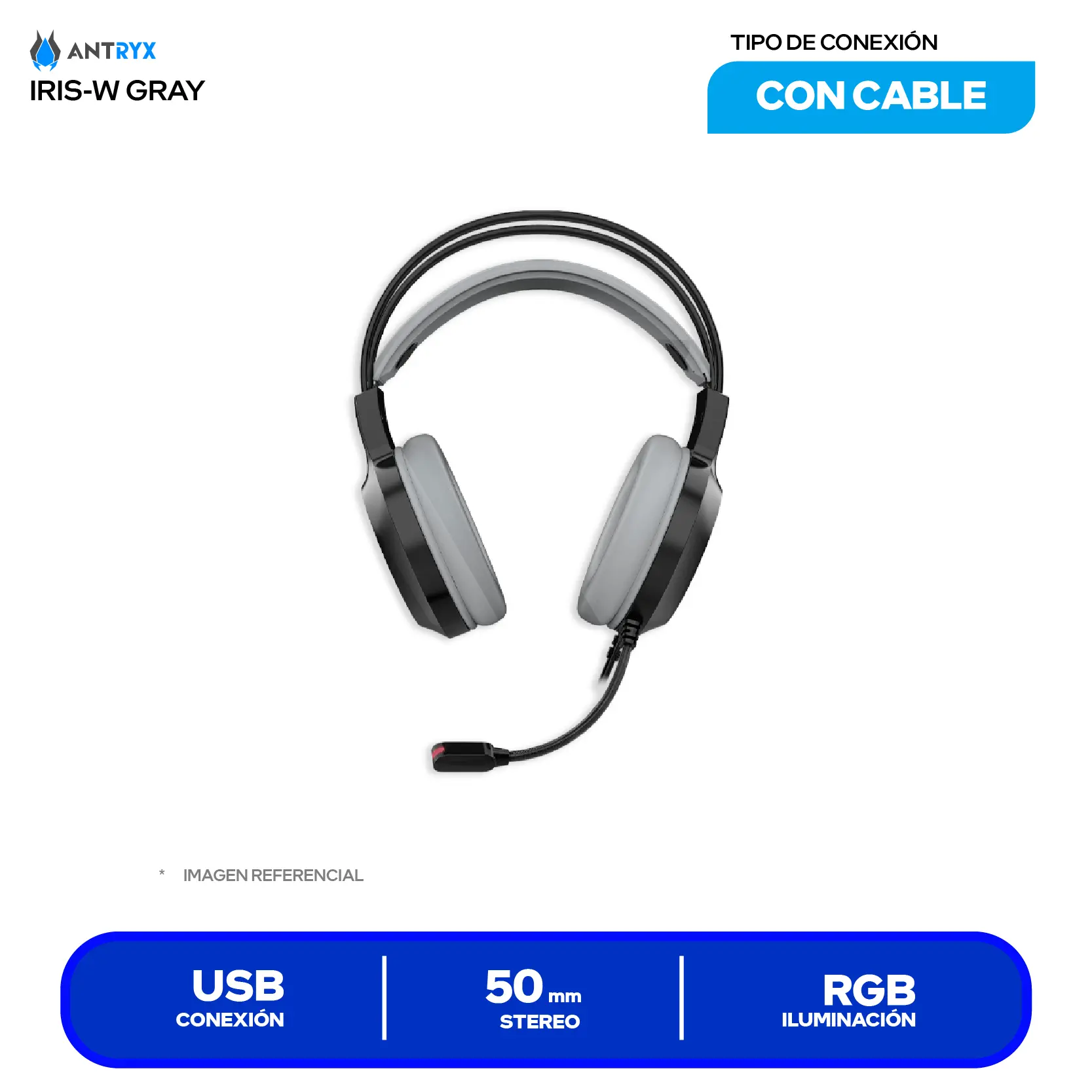 Audífono Gamer Antryx Iris-K Gris (AGH-7100KGY) USB, Iluminación, Micrófono Integrado