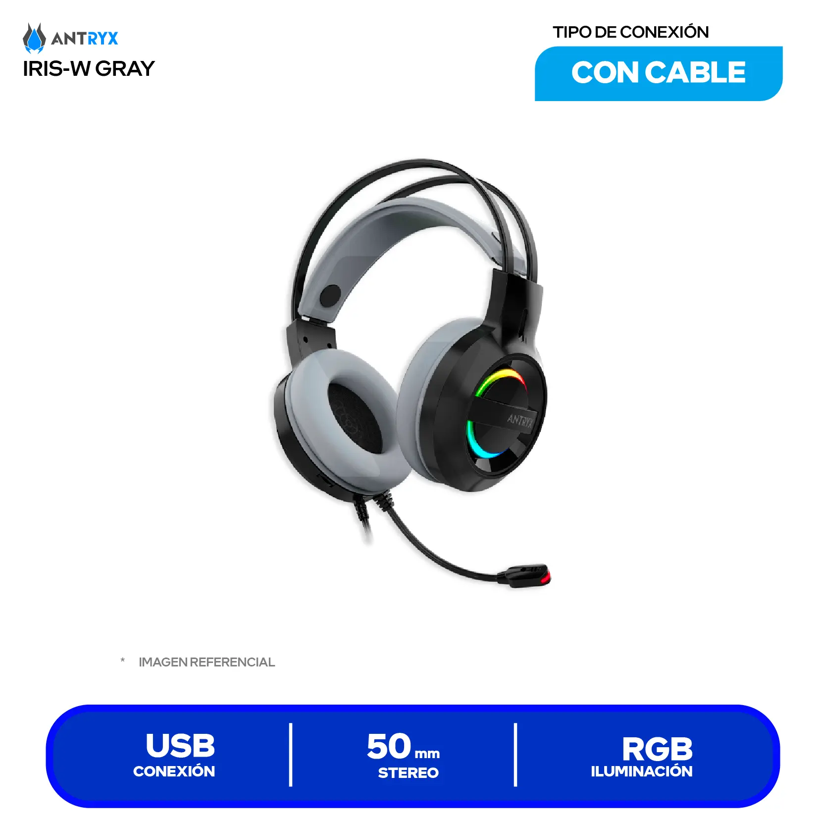 Audífono Gamer Antryx Iris-K Gris (AGH-7100KGY) USB, Iluminación, Micrófono Integrado