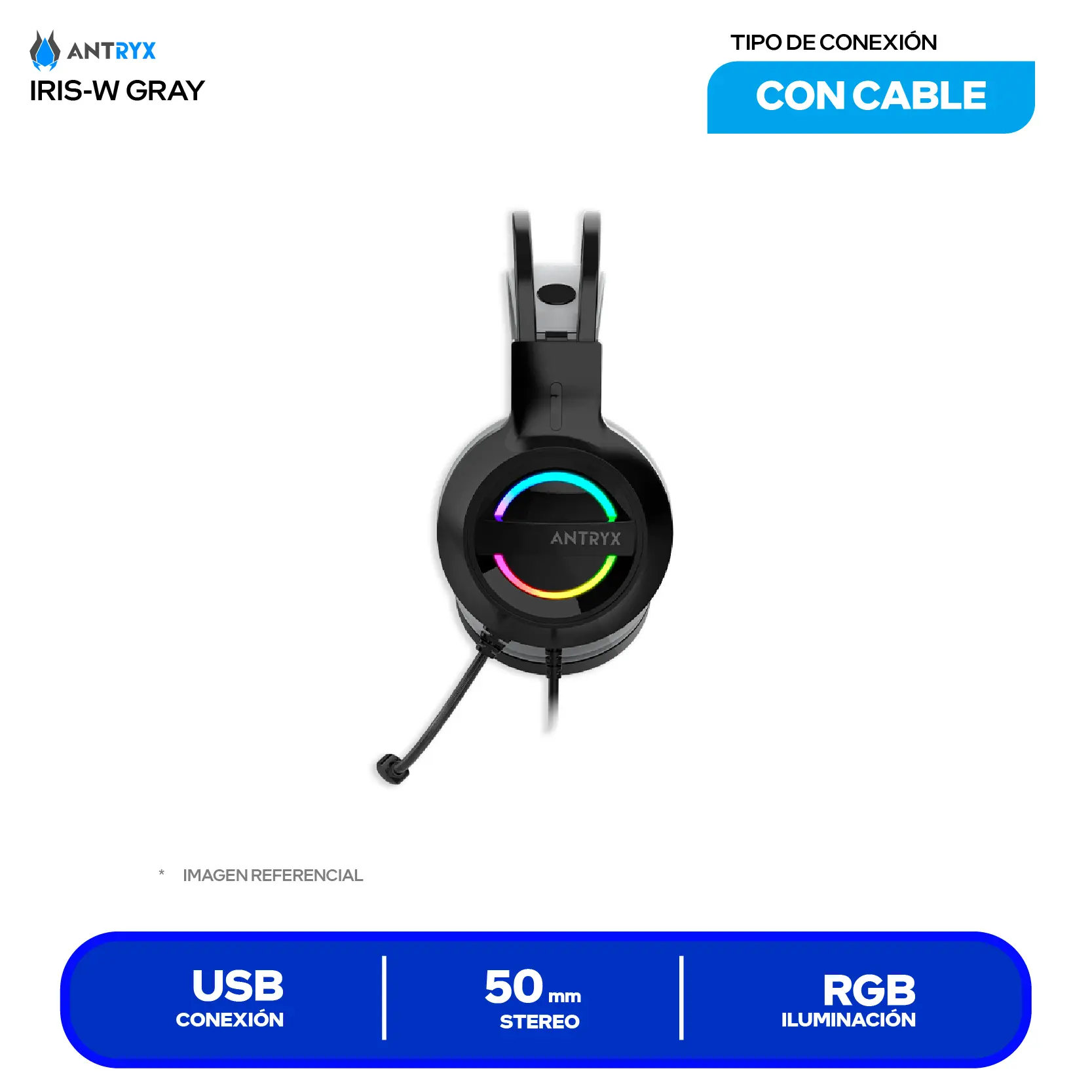 Audífono Gamer Antryx Iris-K Gris (AGH-7100KGY) USB, Iluminación, Micrófono Integrado