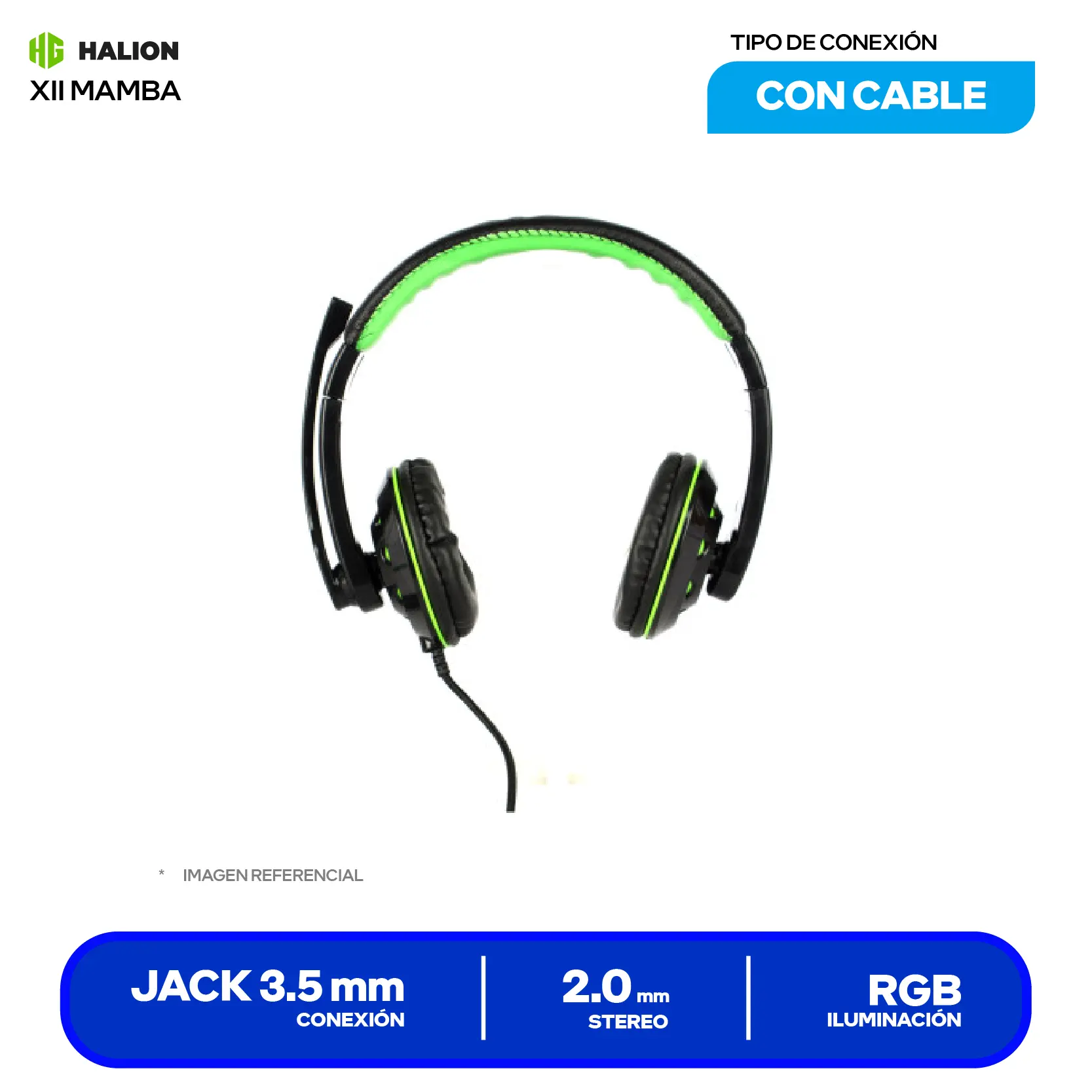 Audífono Gamer Halion XII Mamba Negro/Verde (XII MAMBA), USB, Micrófono Integrado