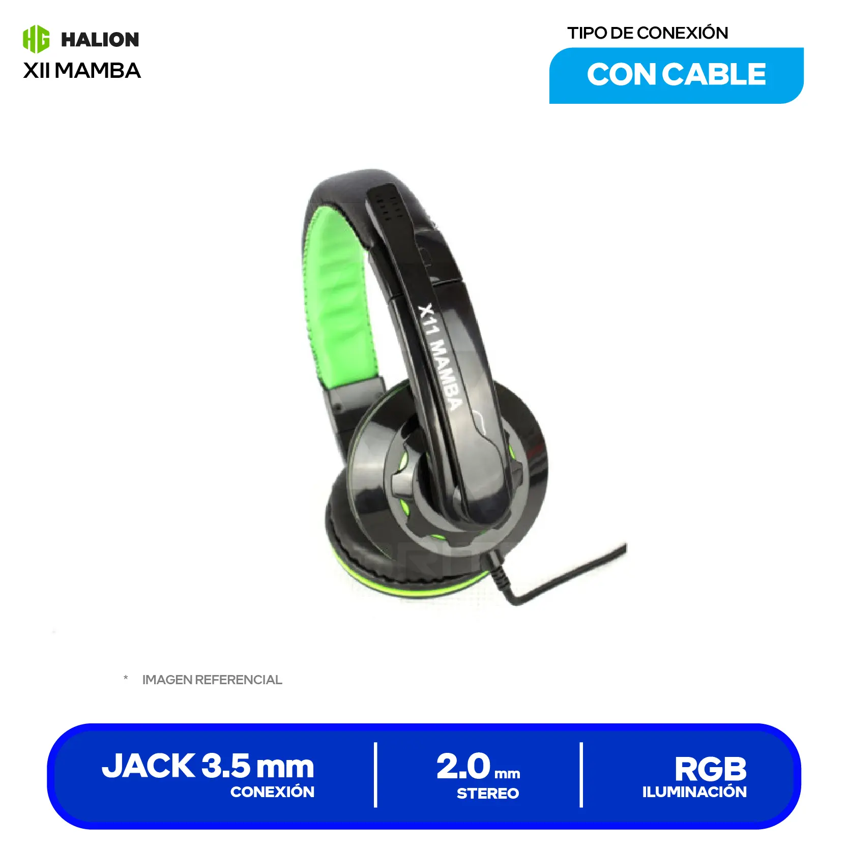 Audífono Gamer Halion XII Mamba Negro/Verde (XII MAMBA), USB, Micrófono Integrado