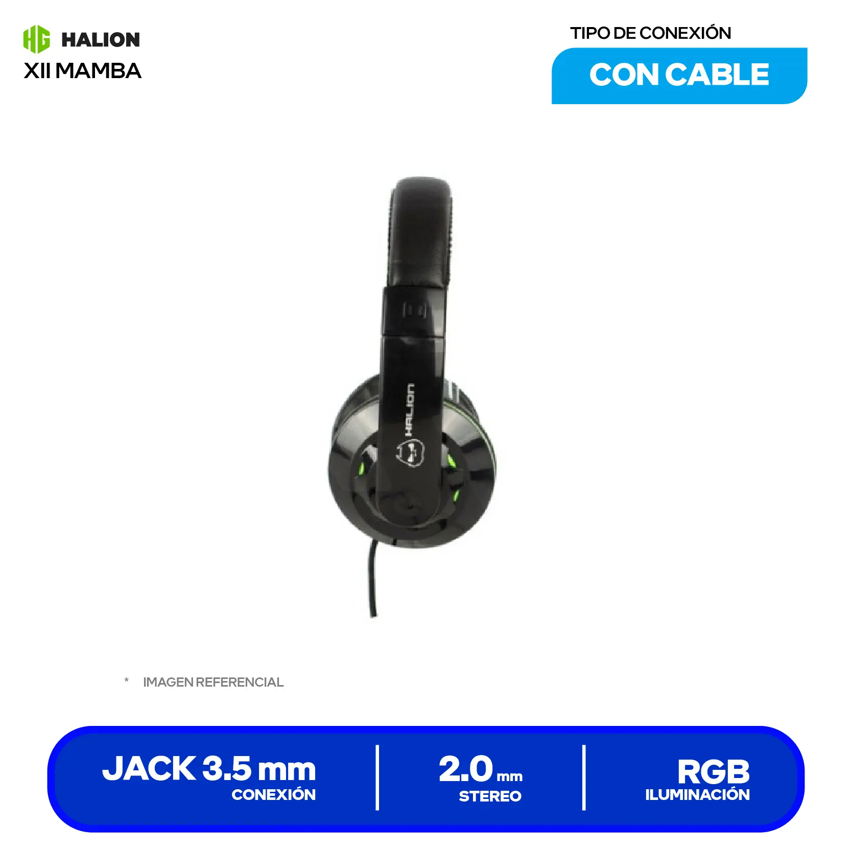 Audífono Gamer Halion XII Mamba Negro/Verde (XII MAMBA), USB, Micrófono Integrado