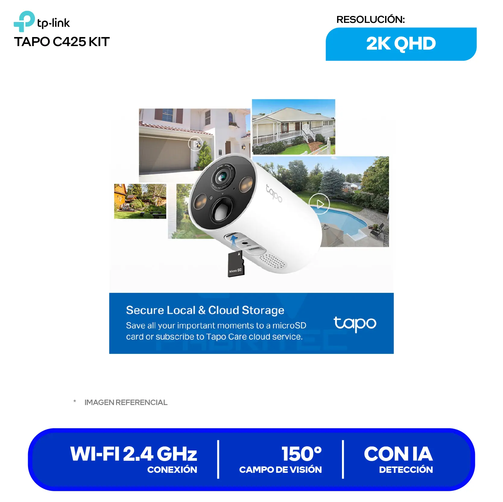 Cámara de Vigilancia con Panel Solar TP-Link Tapo C425 Kit Wi-Fi (0170500942) QHD 4MP, 150°, Con Visión Nocturna