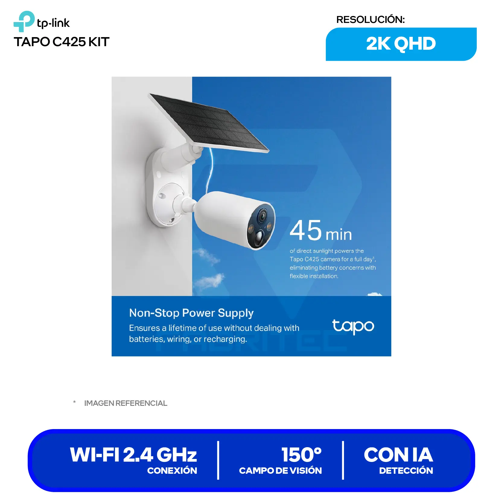 Cámara de Vigilancia con Panel Solar TP-Link Tapo C425 Kit Wi-Fi (0170500942) QHD 4MP, 150°, Con Visión Nocturna