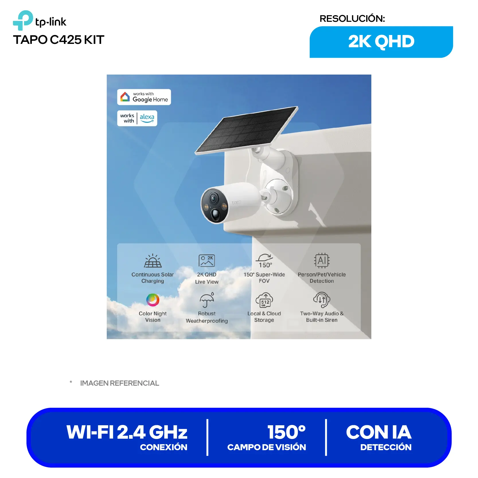 Cámara de Vigilancia con Panel Solar TP-Link Tapo C425 Kit Wi-Fi (0170500942) QHD 4MP, 150°, Con Visión Nocturna