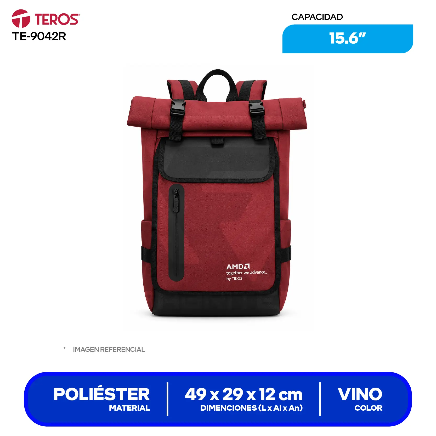 Mochila Teros (TE-9042R) Vino C/ Negro, 15.6"