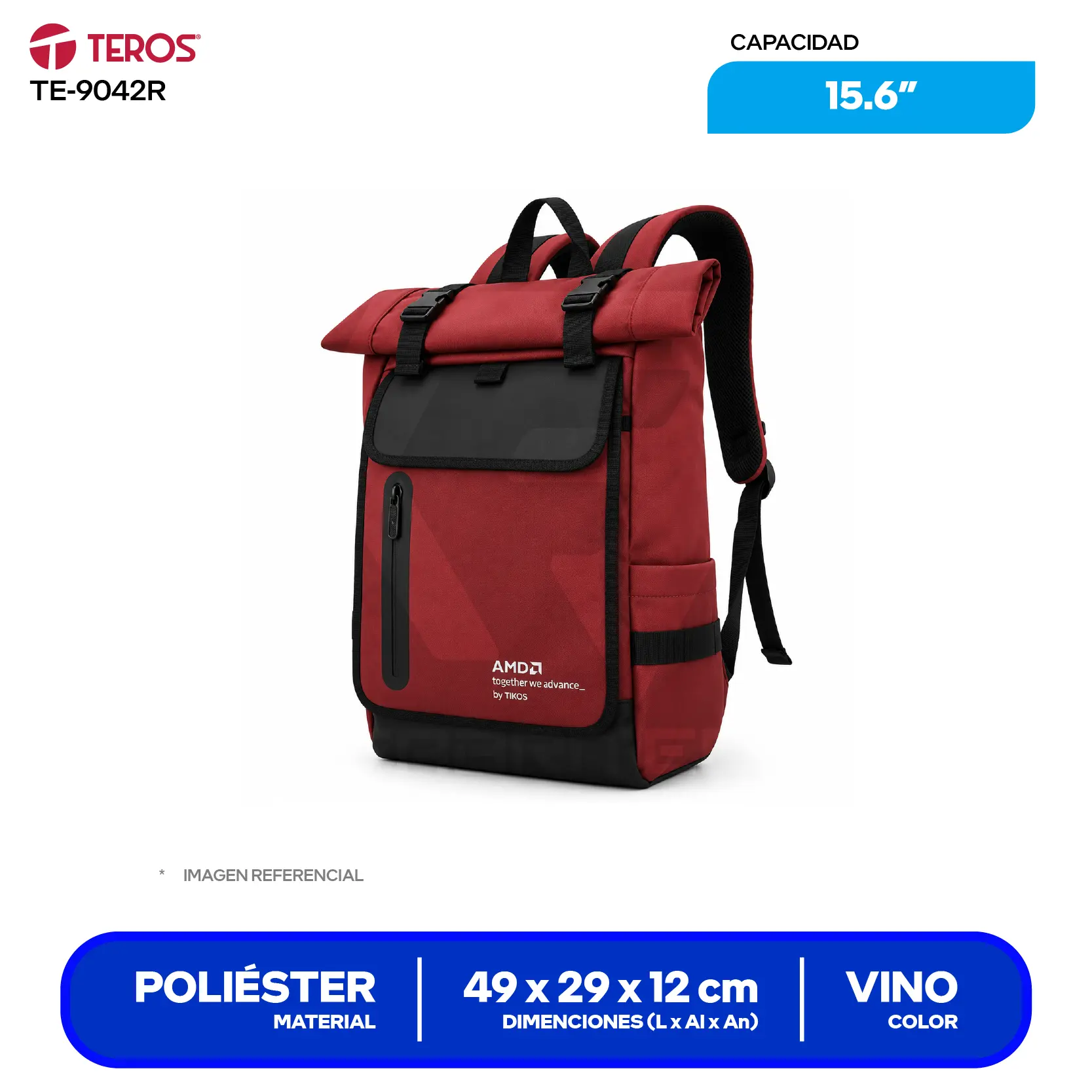 Mochila Teros (TE-9042R) Vino C/ Negro, 15.6"