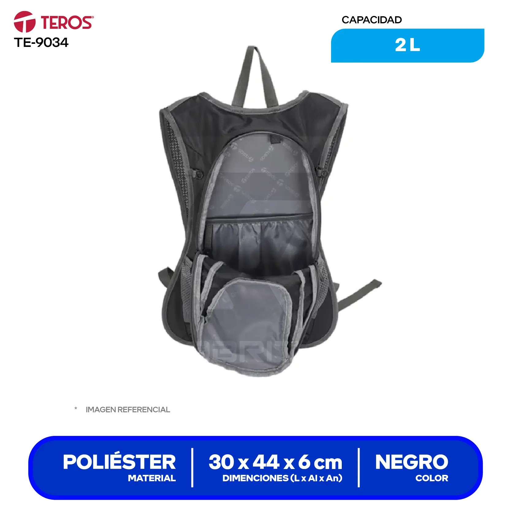 Mochila Teros (TE-9034) Negro, Con bolsa de agua de 2Lt