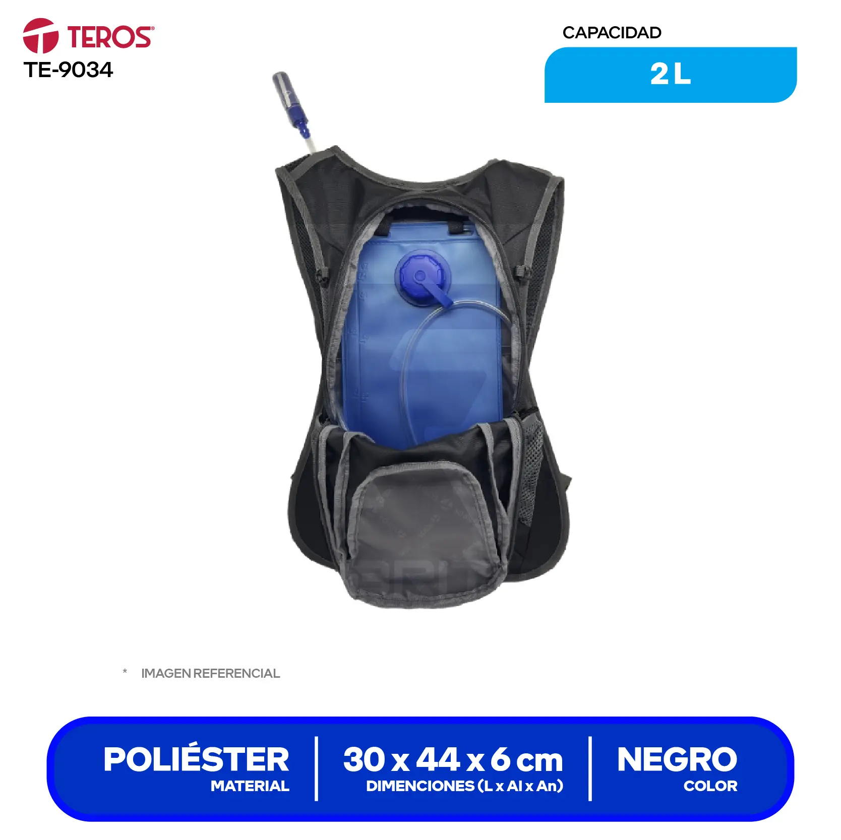 Mochila Teros (TE-9034) Negro, Con bolsa de agua de 2Lt