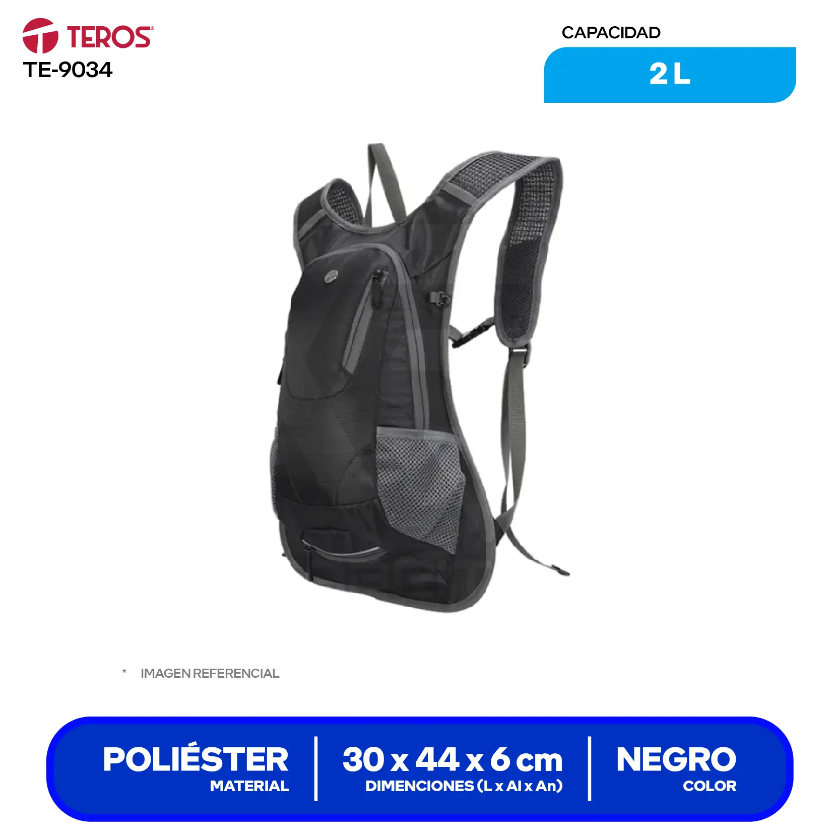 Mochila Teros (TE-9034) Negro, Con bolsa de agua de 2Lt