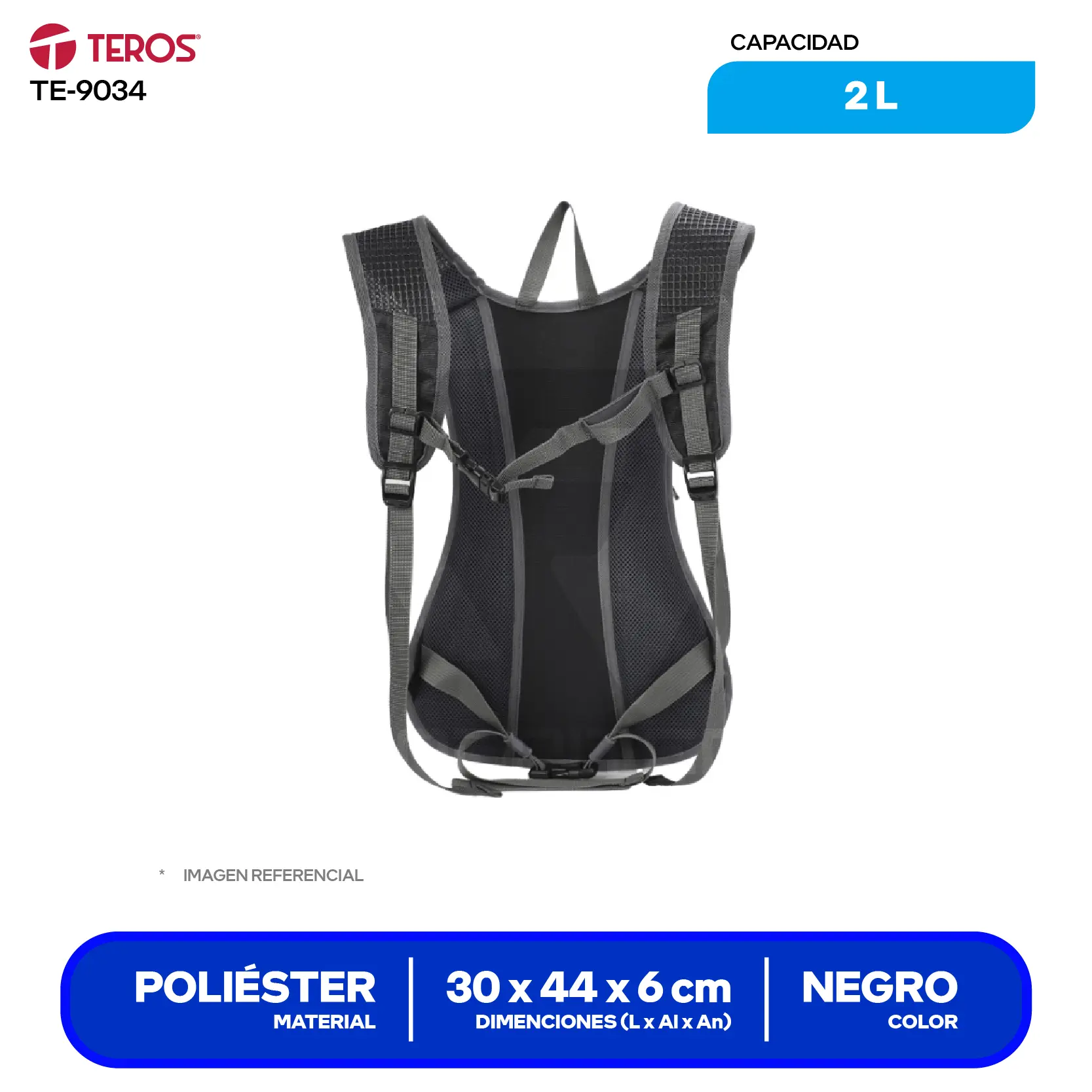 Mochila Teros (TE-9034) Negro, Con bolsa de agua de 2Lt