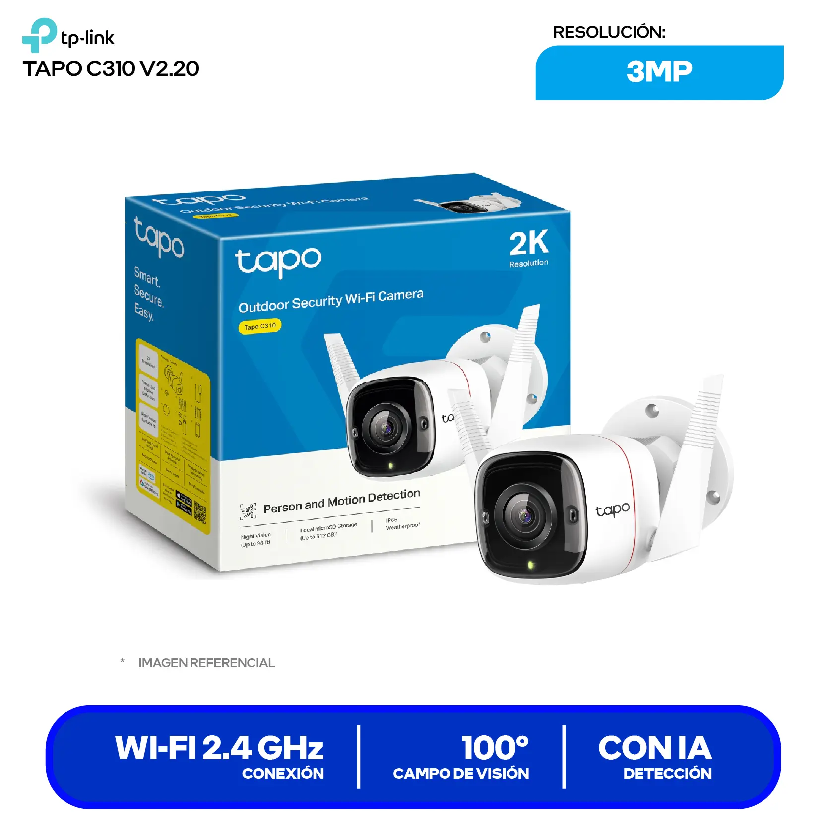 Cámara de Vigilancia TP-Link Tapo C310 (170500372) 2K 3MP, 100°, Con Visión Nocturna Infrarroja, Wi-Fi / Ethernet