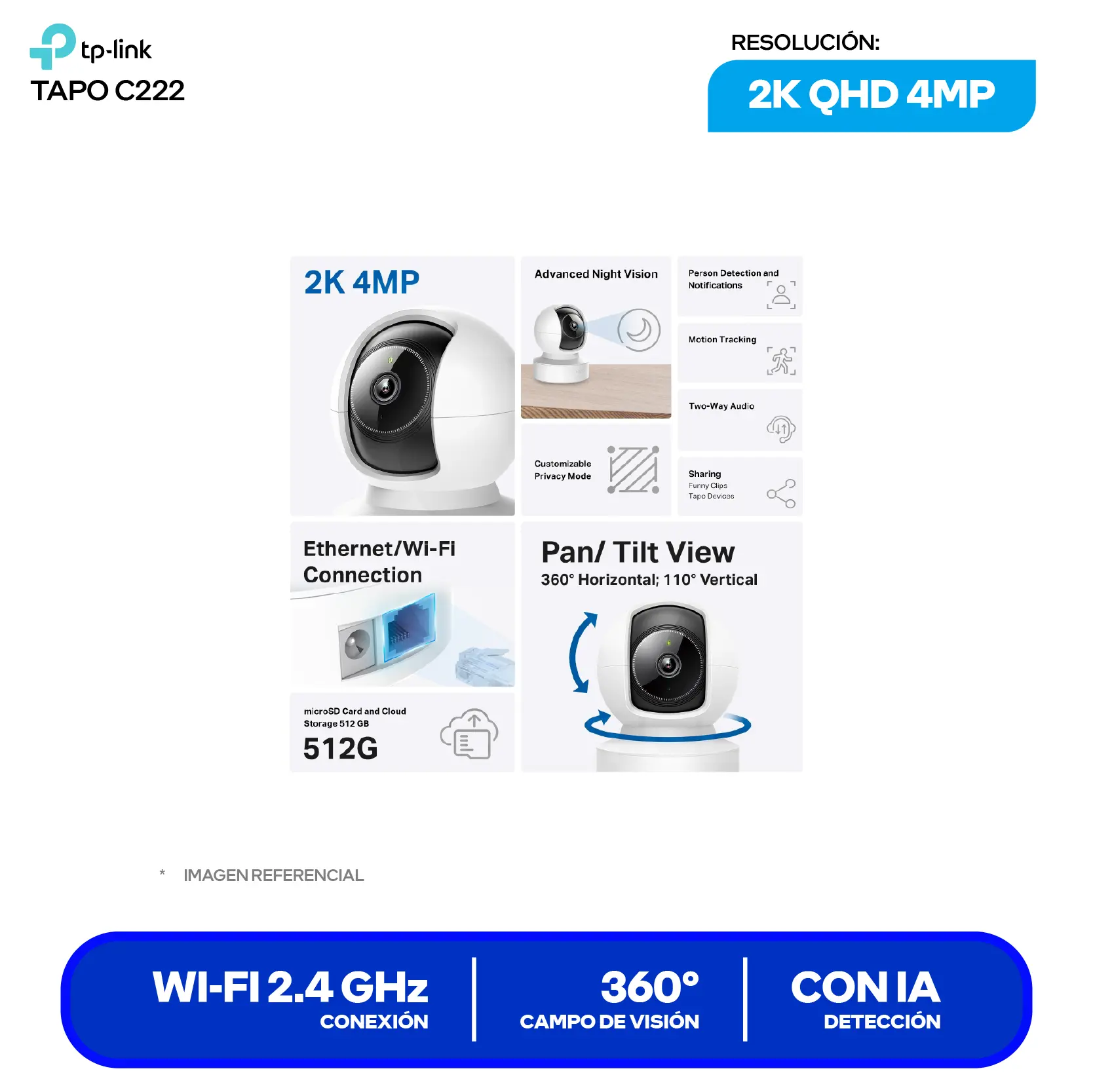 Cámara de Vigilancia TP-Link Tapo C222 (1770500261) QHD 4MP, 360°, Con Visión Nocturna, Wi-Fi / Ethernet