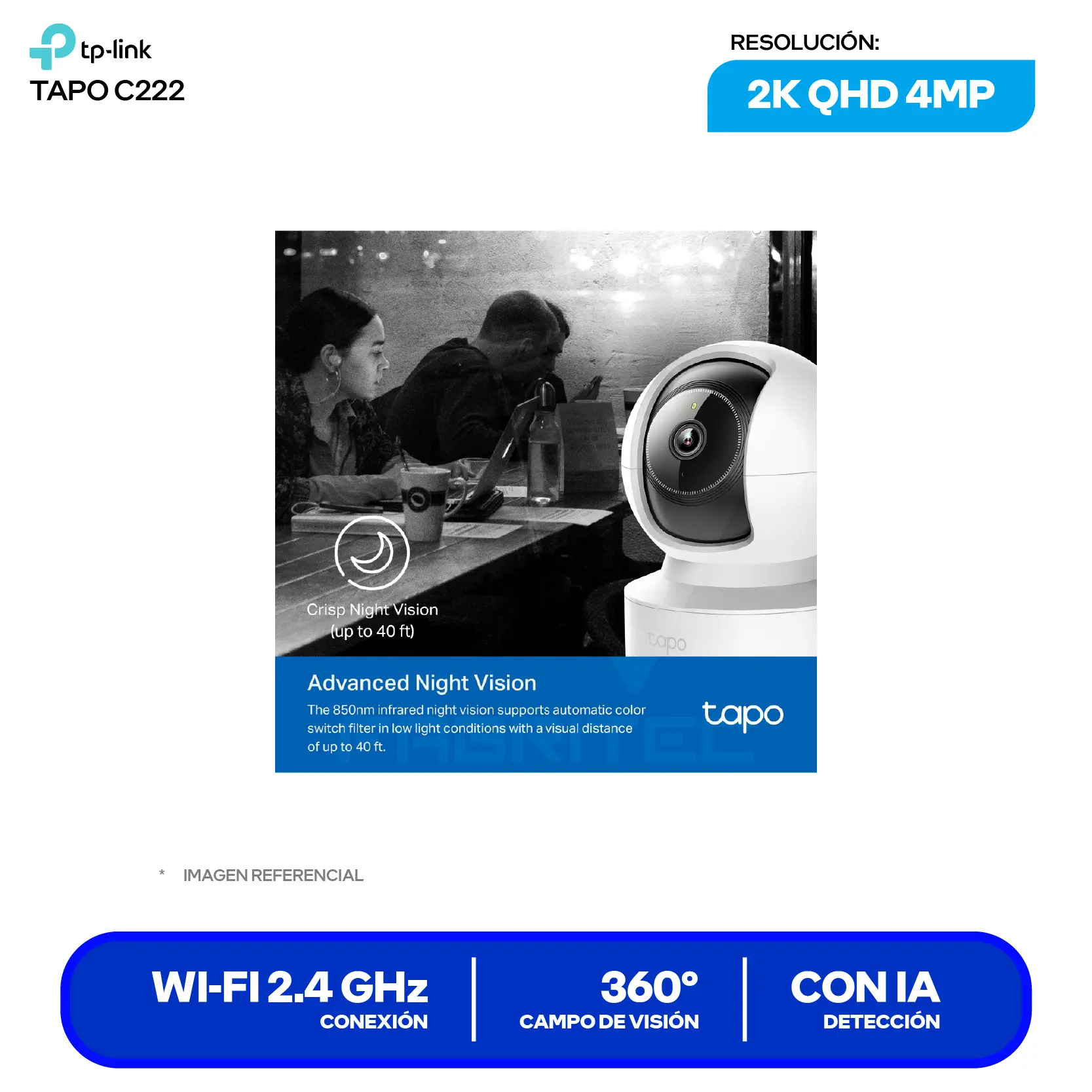 Cámara de Vigilancia TP-Link Tapo C222 (1770500261) QHD 4MP, 360°, Con Visión Nocturna, Wi-Fi / Ethernet