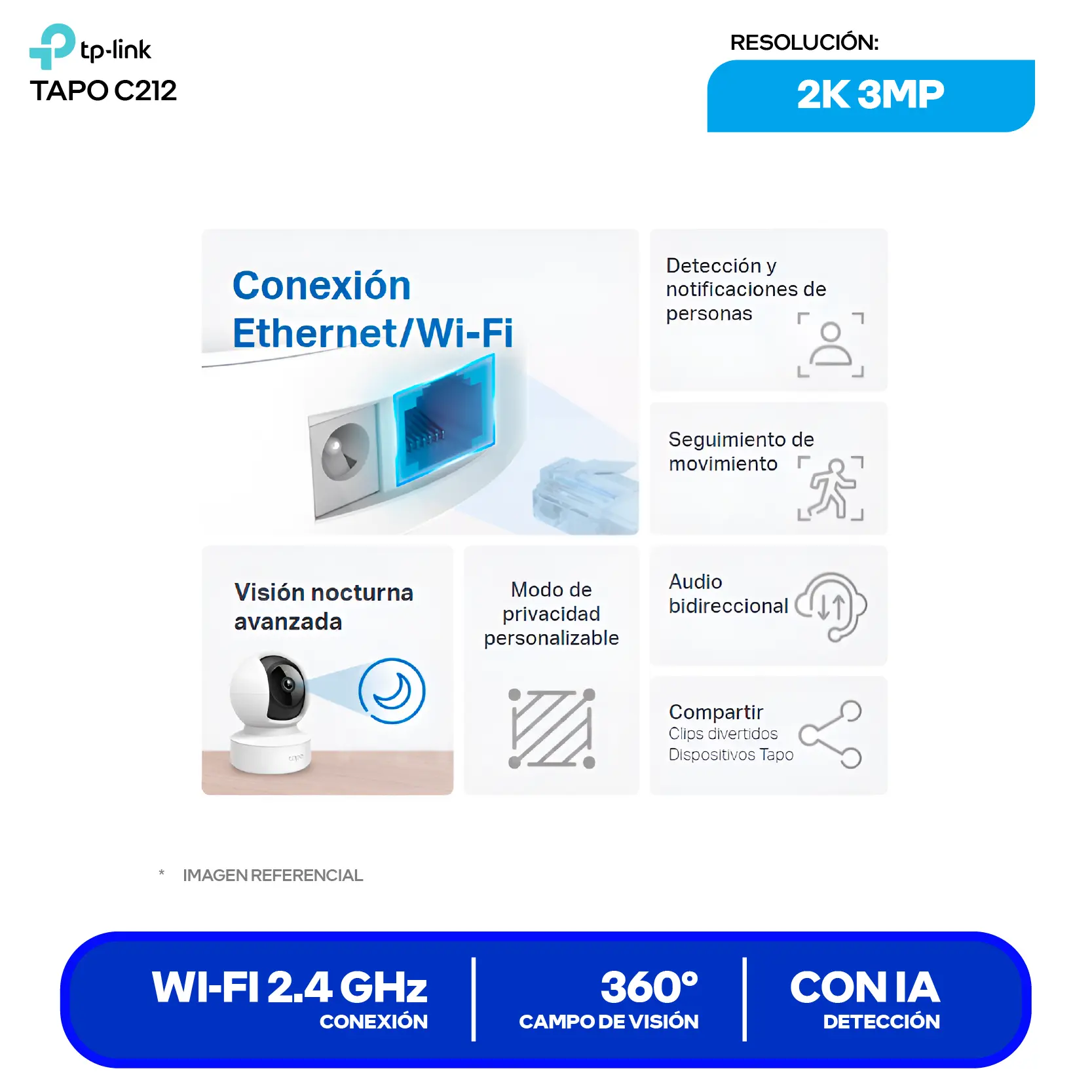 Cámara de Vigilancia TP-Link Tapo C212 (1770500255) 2K 3MP, 360°, Con Visión Nocturna, Wi-Fi / Ethernet