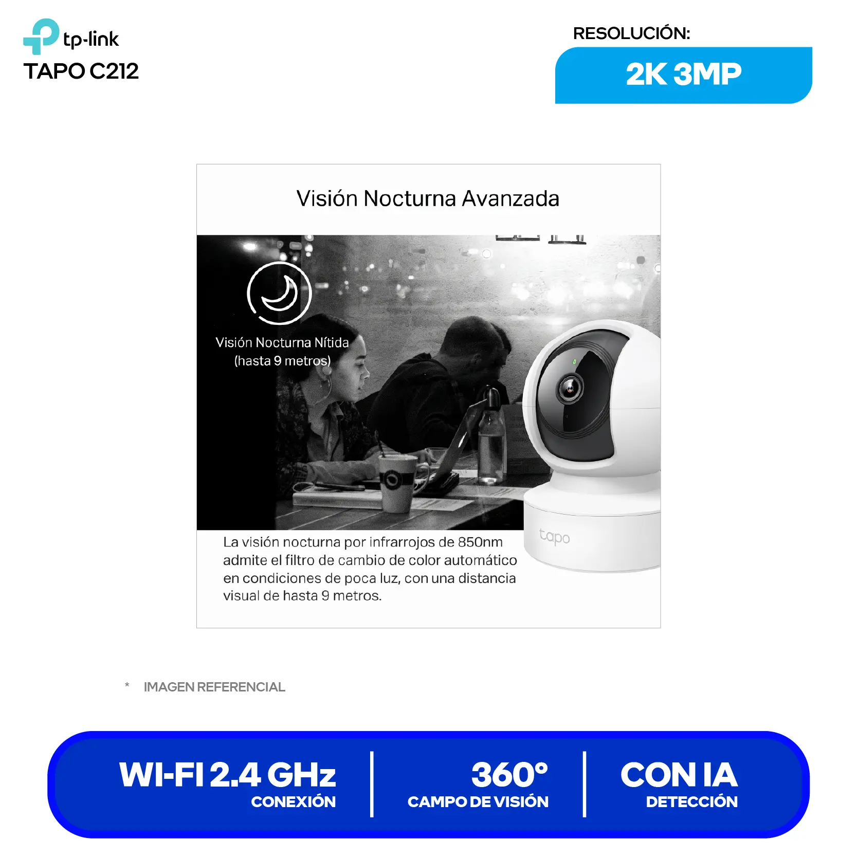 Cámara de Vigilancia TP-Link Tapo C212 (1770500255) 2K 3MP, 360°, Con Visión Nocturna, Wi-Fi / Ethernet