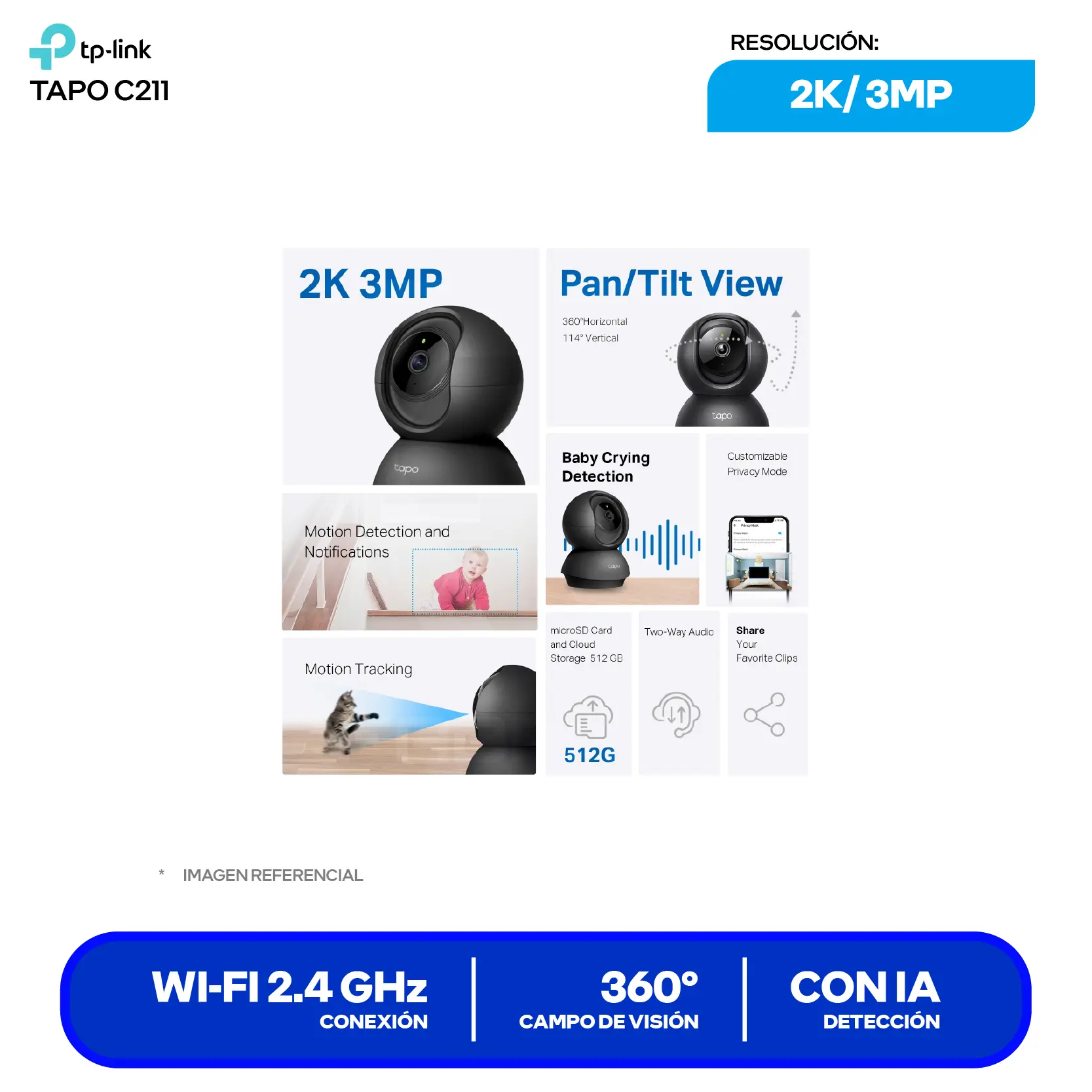 Cámara de Vigilancia TP-Link Tapo C211 (1770500258) 2K 3MP, 360°, Con Visión Nocturna, Wi-Fi