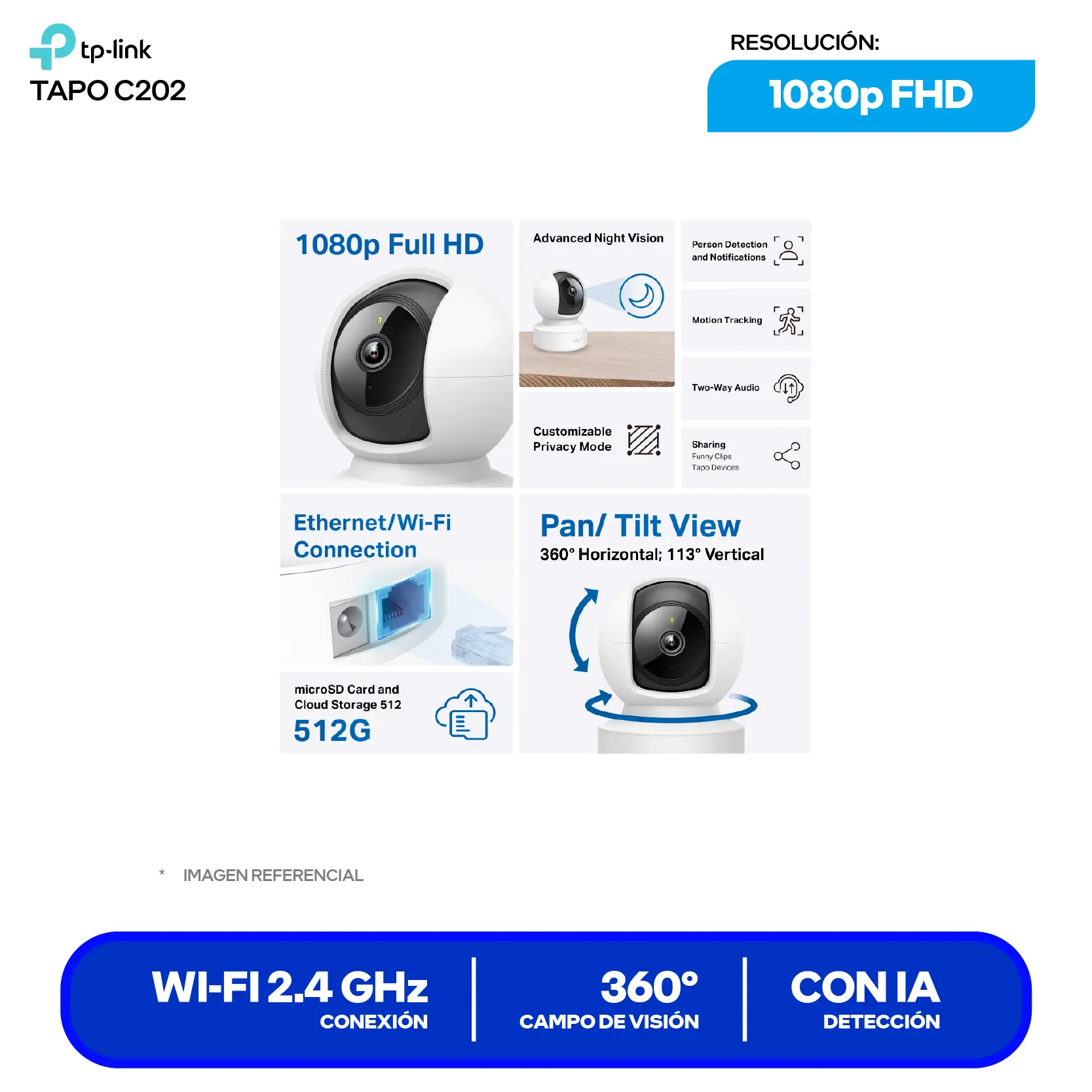 Cámara de Vigilancia TP-Link Tapo C202 (Tapo C202) FHD 1080p, 360°, Con Visión Nocturna, Wi-Fi / Ethernet