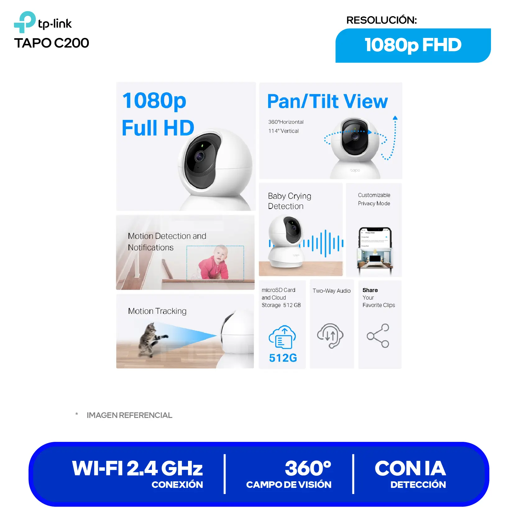 Cámara de Vigilancia TP-Link Tapo C200 (1770500220) FHD 1080p, 360°, Con Visión Nocturna, Wi-Fi