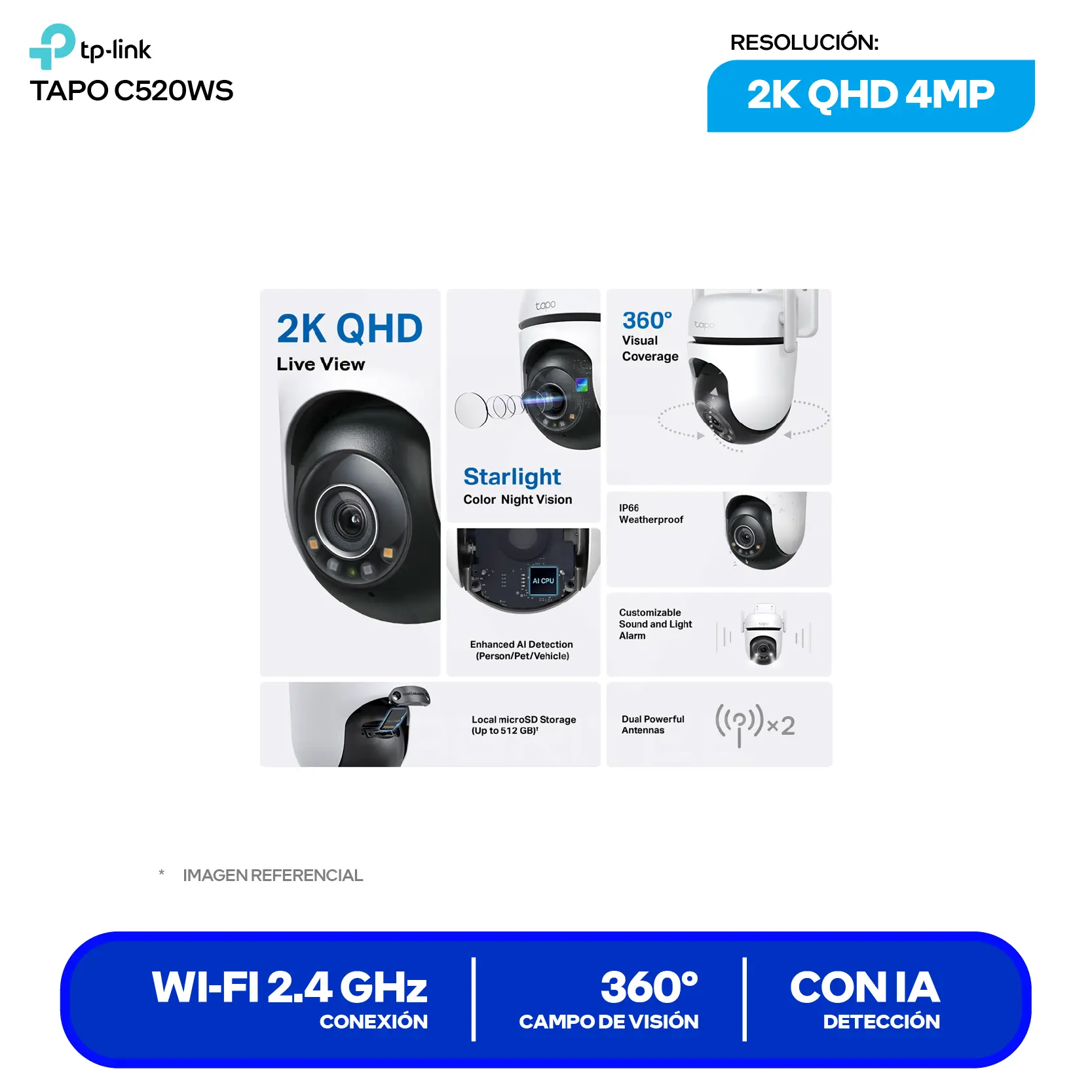 Cámara de Vigilancia TP-Link Tapo C520WS (C520WS) QHD 4MP, 360°, Con Visión Nocturna, Wi-Fi / Ethernet