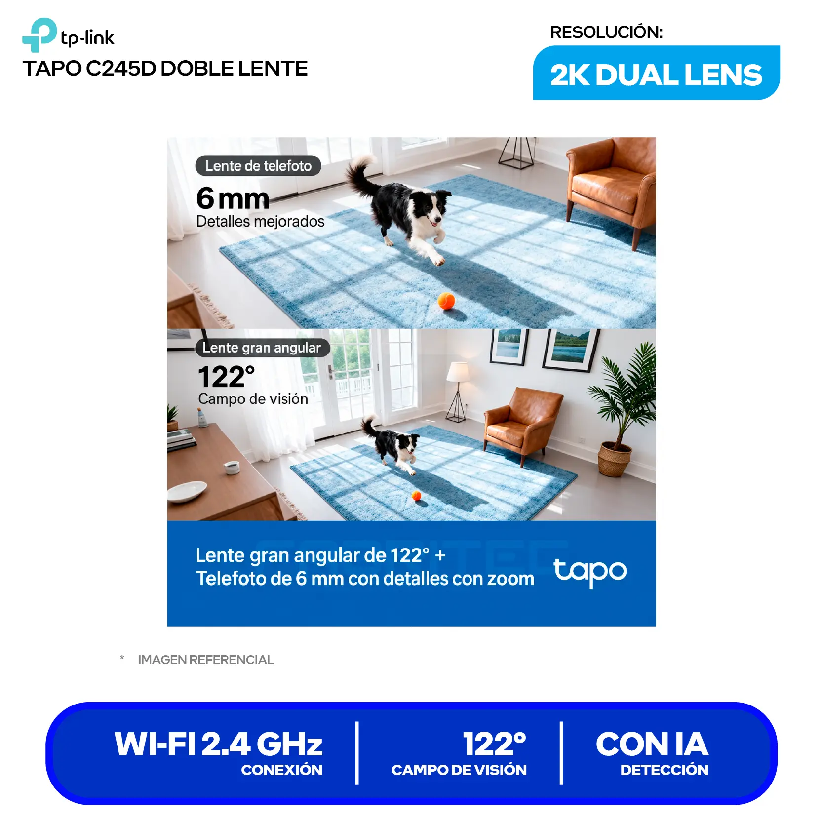 Cámara de Vigilancia TP-Link Tapo C245D (Tapo C245D) 2K Dual, 360°, Con Visión Nocturna, Wi-Fi Dual