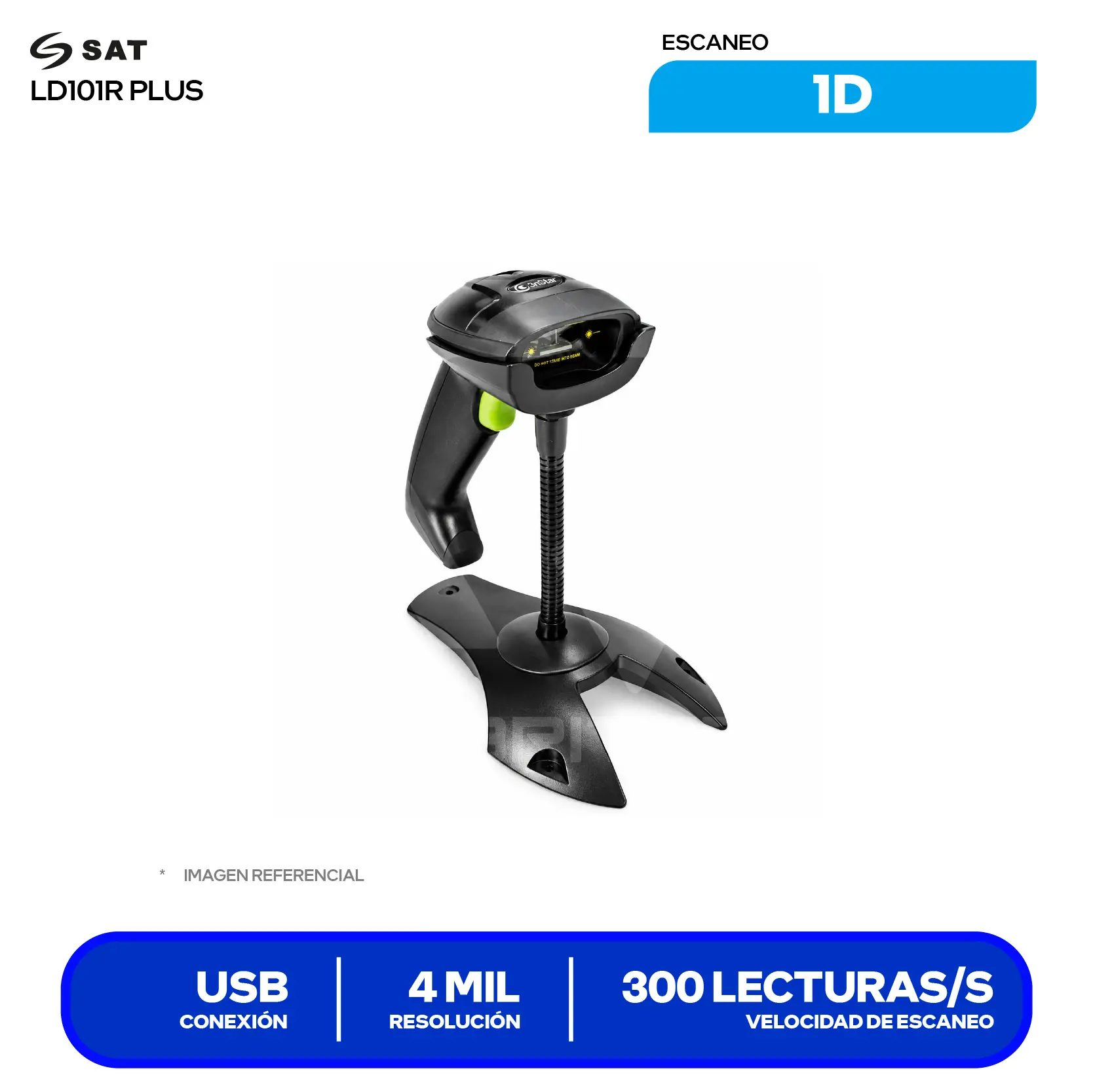 Lector de Código de Barras SAT LD101R Plus (SAT LD101R PLUS) Láser Lineal 1D, USB, Incluye Base