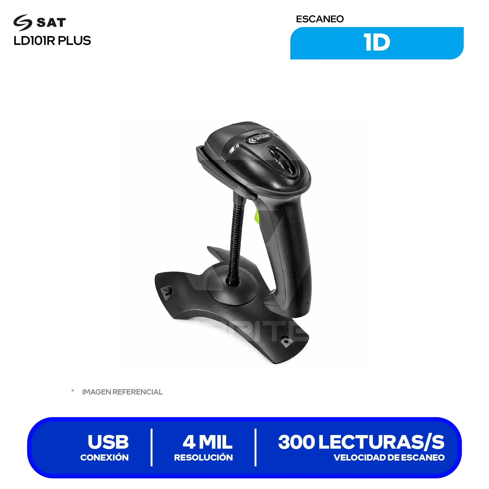 Lector de Código de Barras SAT LD101R Plus (SAT LD101R PLUS) Láser Lineal 1D, USB, Incluye Base