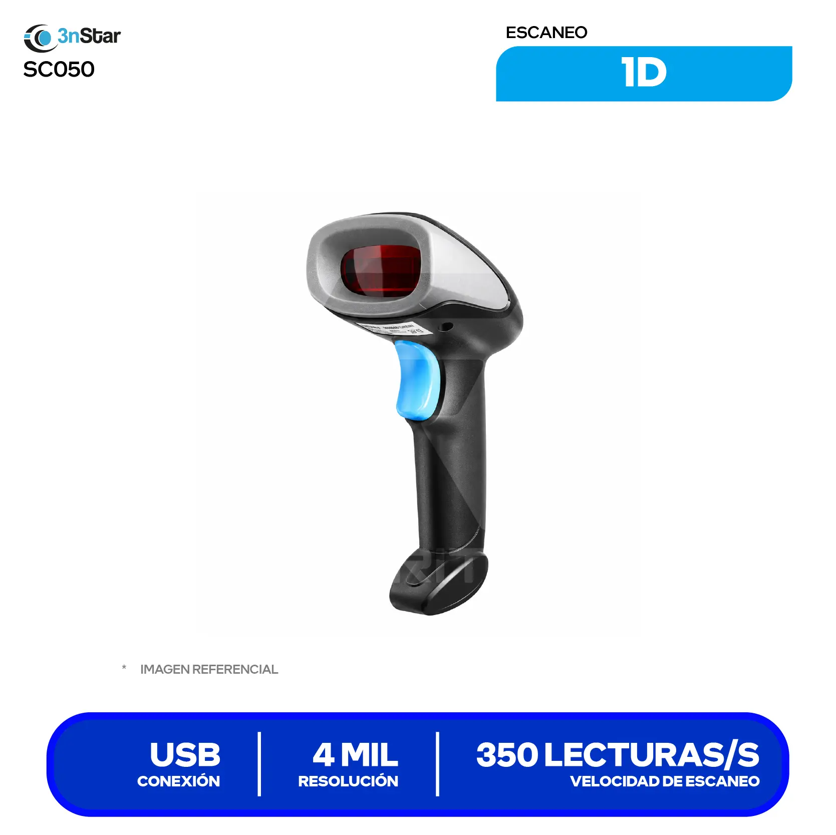 Lector de Código de Barras 3nStar SC050 (SC050) Láser Lineal 1D, USB, Incluye Base