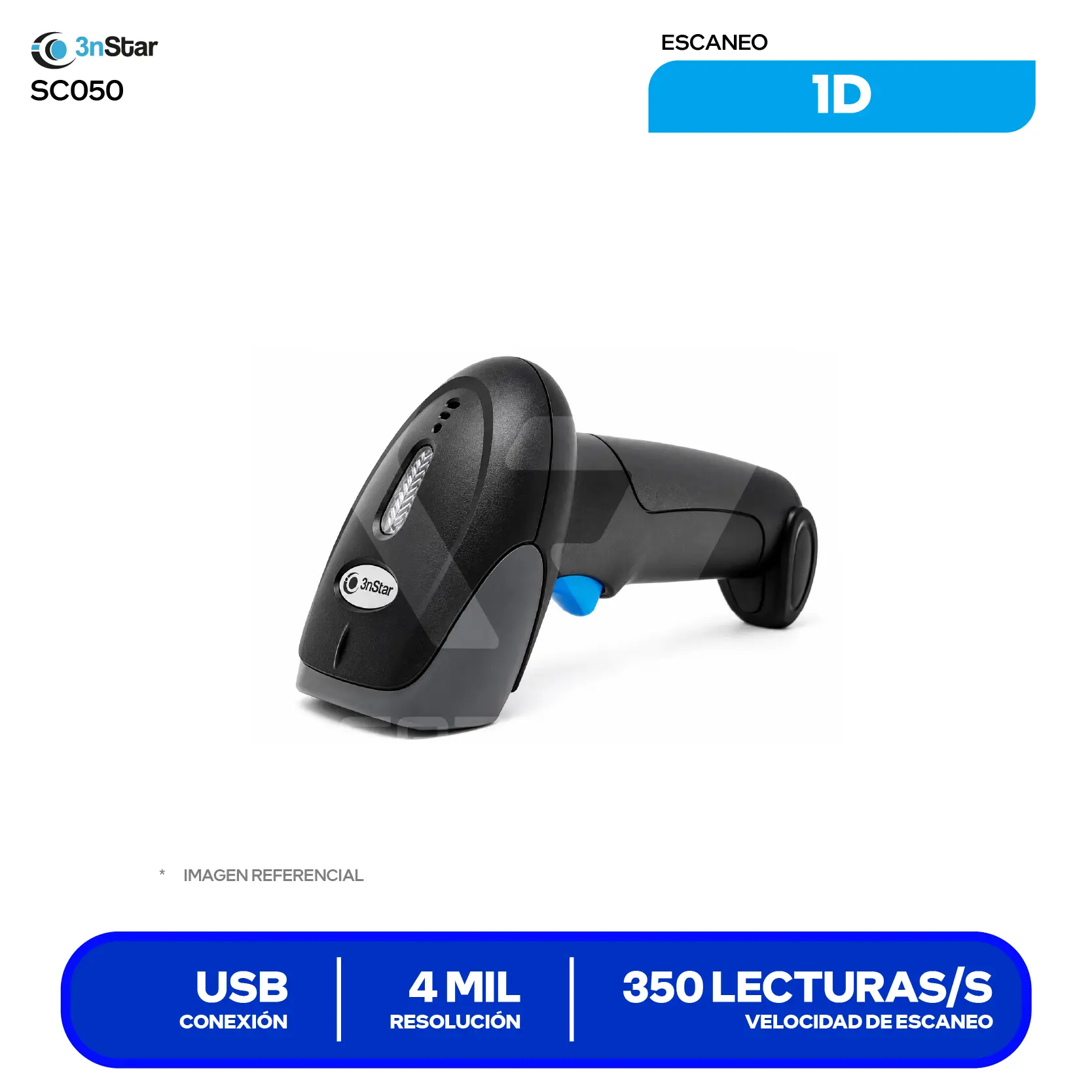 Lector de Código de Barras 3nStar SC050 (SC050) Láser Lineal 1D, USB, Incluye Base