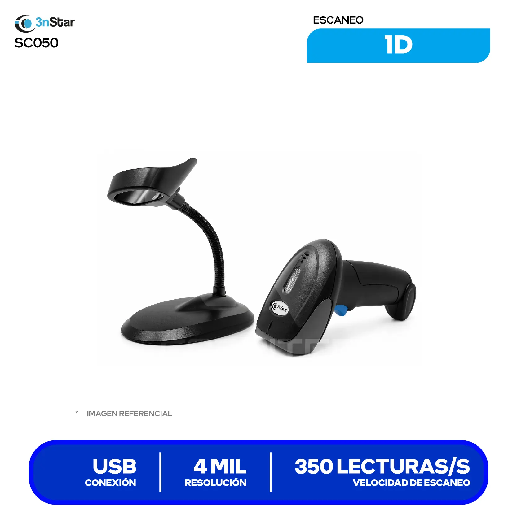 Lector de Código de Barras 3nStar SC050 (SC050) Láser Lineal 1D, USB, Incluye Base