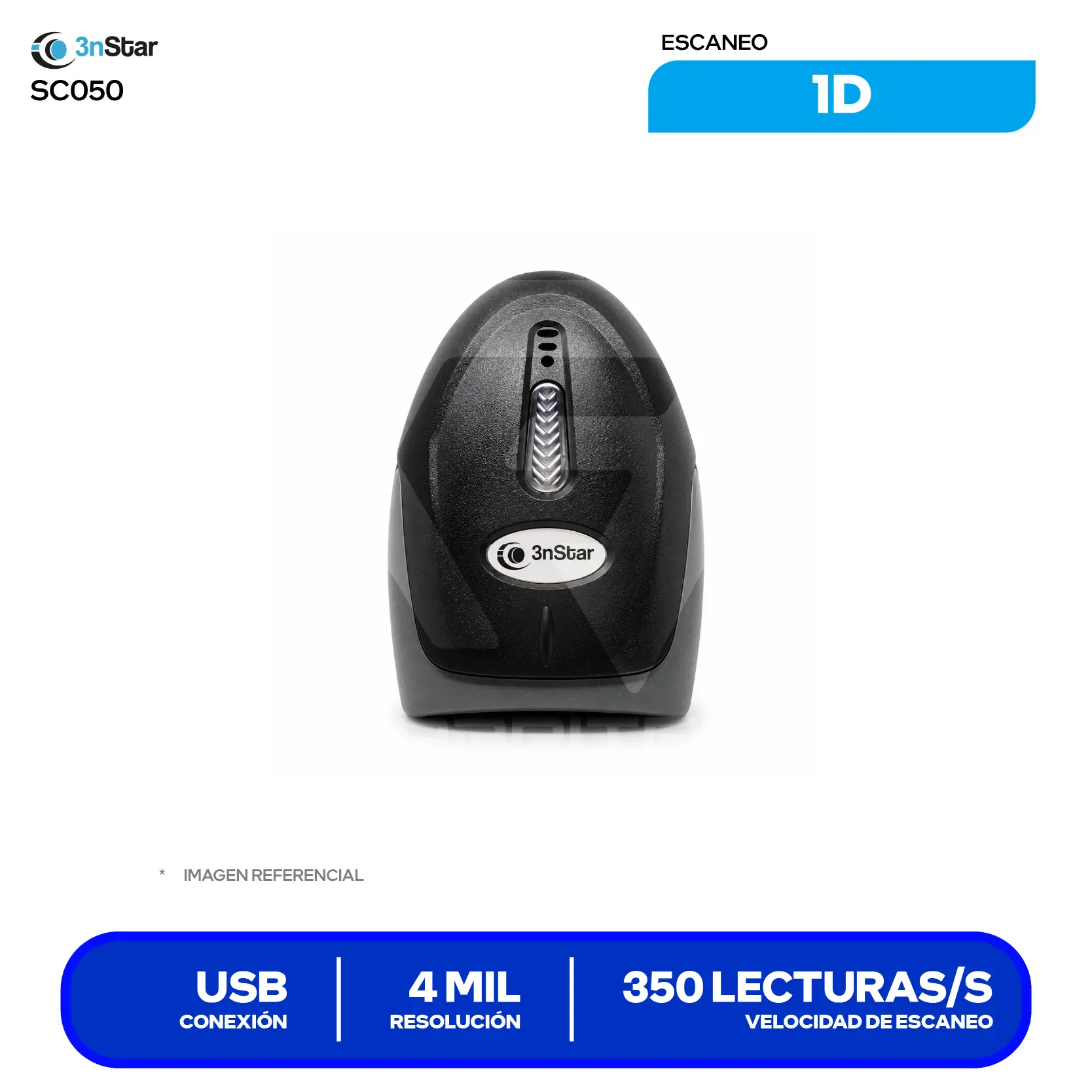 Lector de Código de Barras 3nStar SC050 (SC050) Láser Lineal 1D, USB, Incluye Base