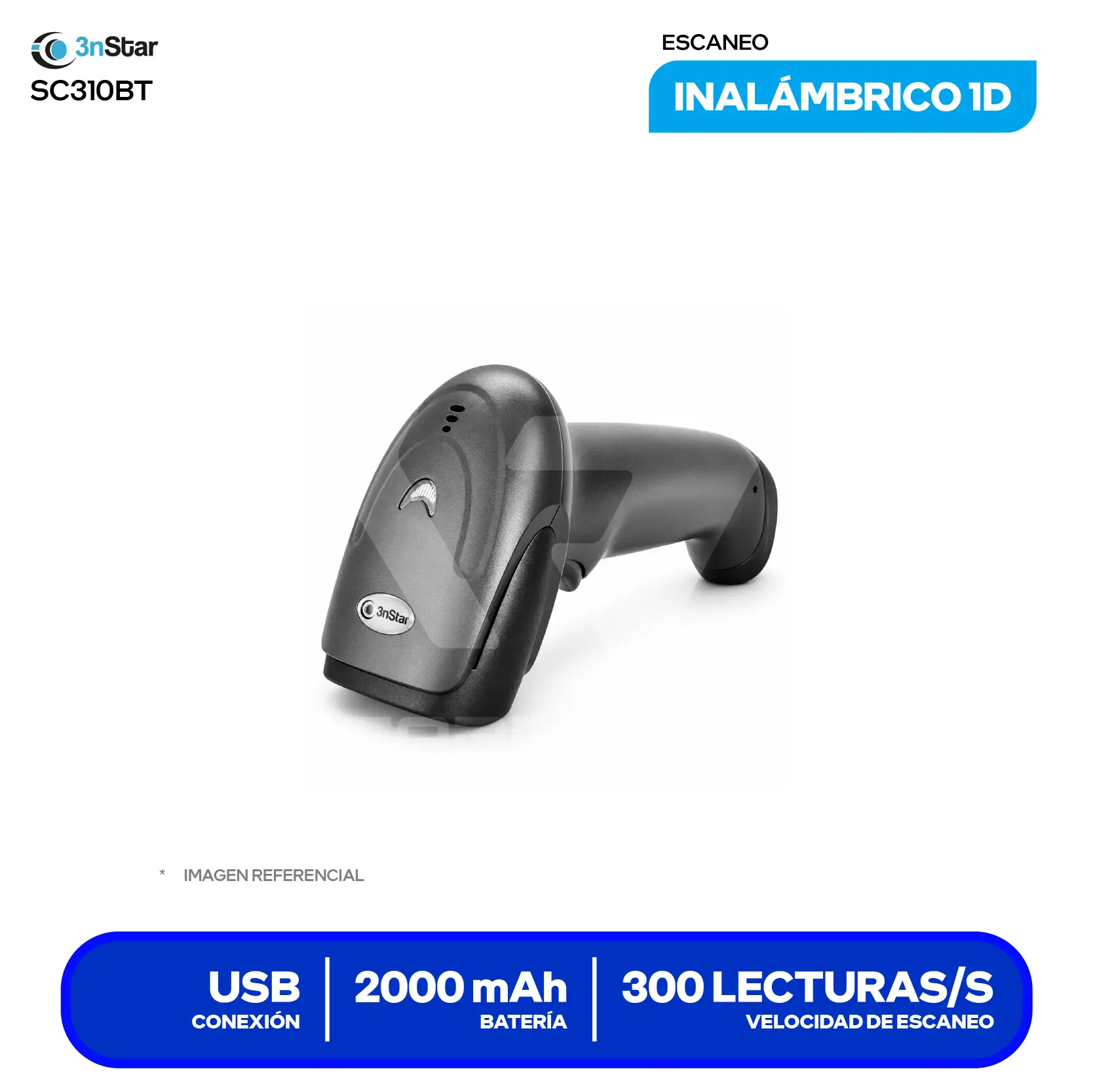 Lector de Código de Barras 3nStar SC310BT (SC310BT) Láser Lineal 1D, Inalámbrico, Incluye Base