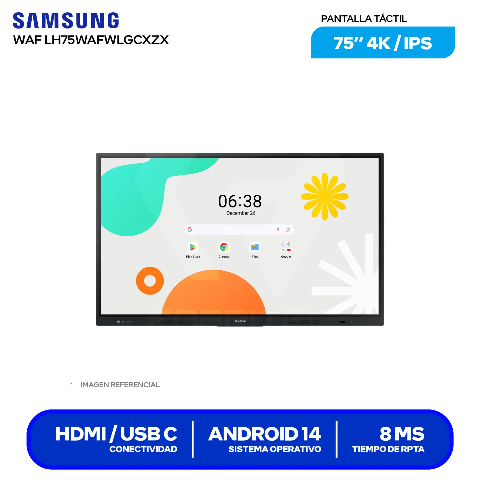 Pizarra Digital Interactiva Samsung WAF 86" (LH86WAFWLGCXZX) 4K UHD, Táctil, Android 14, HDMI / USB C