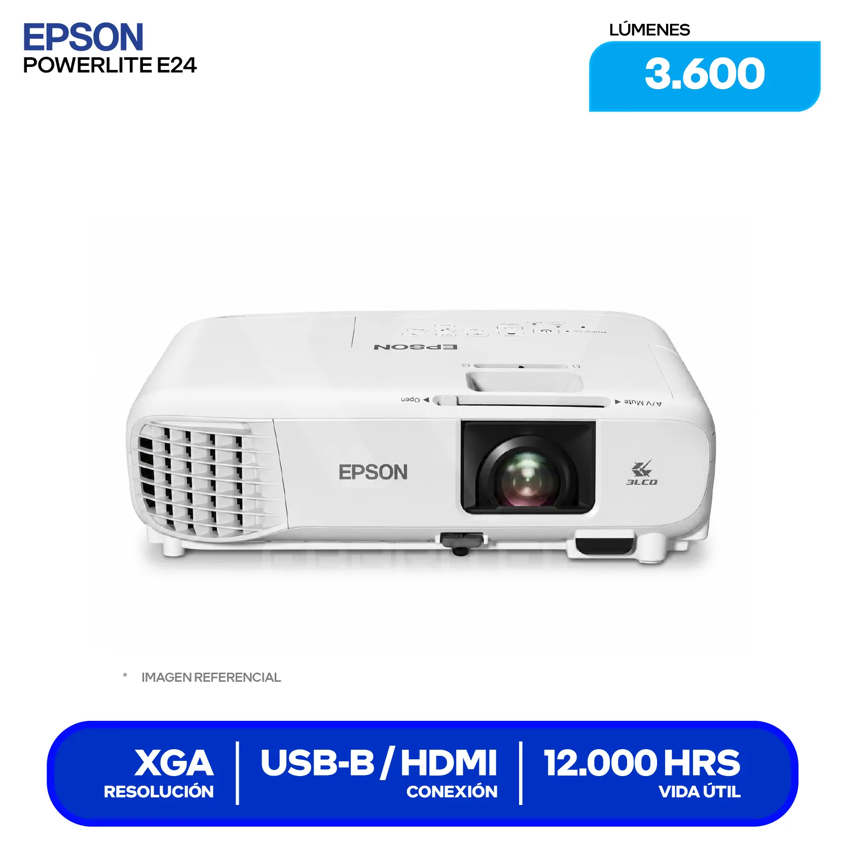 Proyector Epson PowerLite E24 (V11HB51021) 3600 Lúmenes, FHD, Tecnología 3LCD
