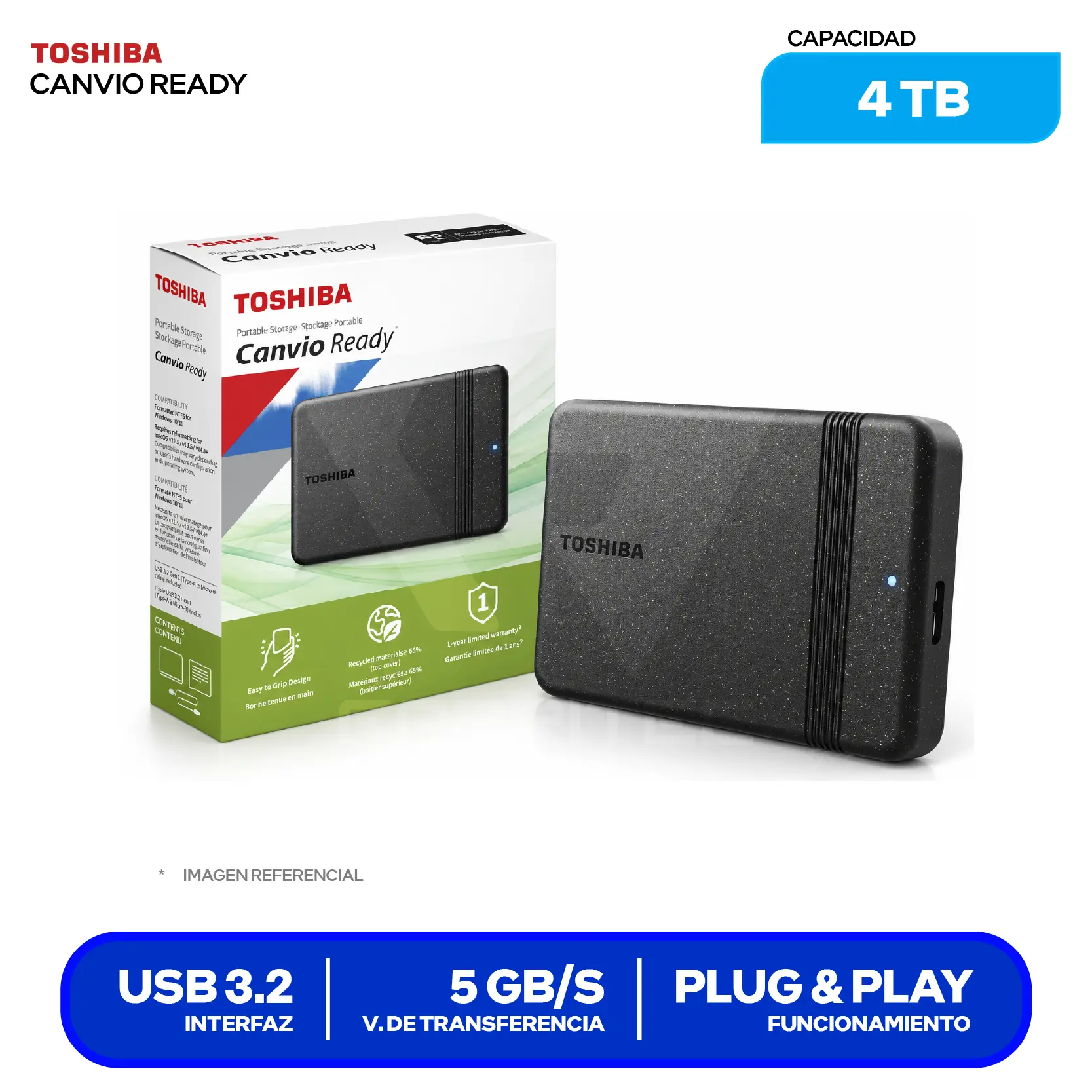 Disco Duro Externo Toshiba Canvio Ready 1TB (HDTP310XK3AA) USB 3.0 / USB 2.0