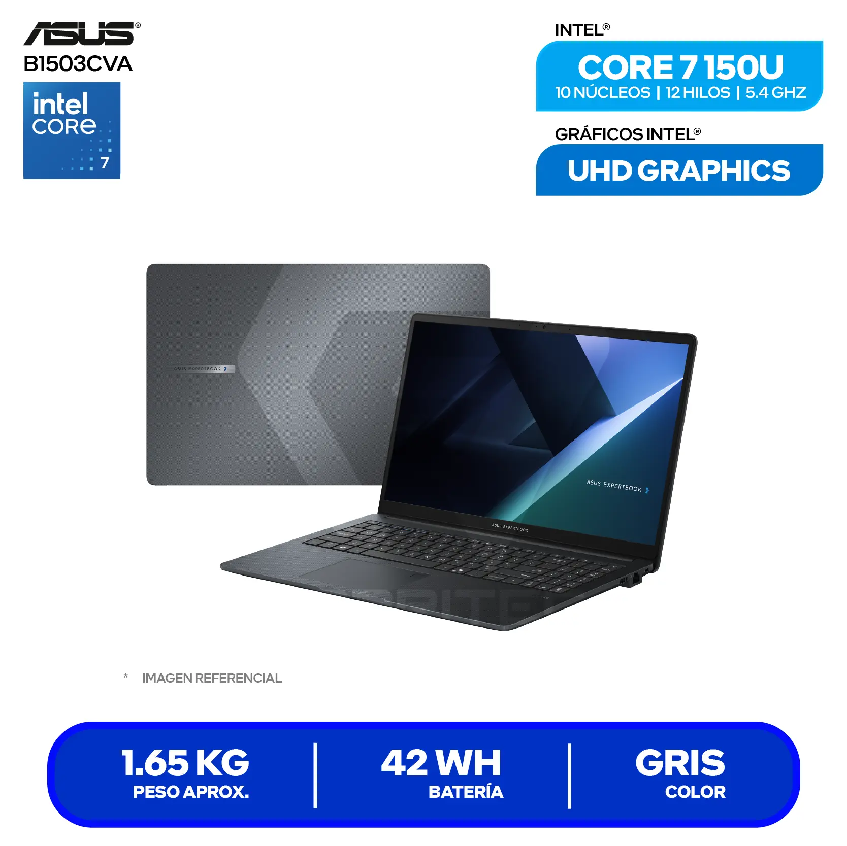 Laptop Asus ExpertBook B1 B1503CVA (90NX0801-M0ASX0) Intel Core 7 150U, 16GB RAM, 512GB SSD, 15.6'' FHD, FreeDos