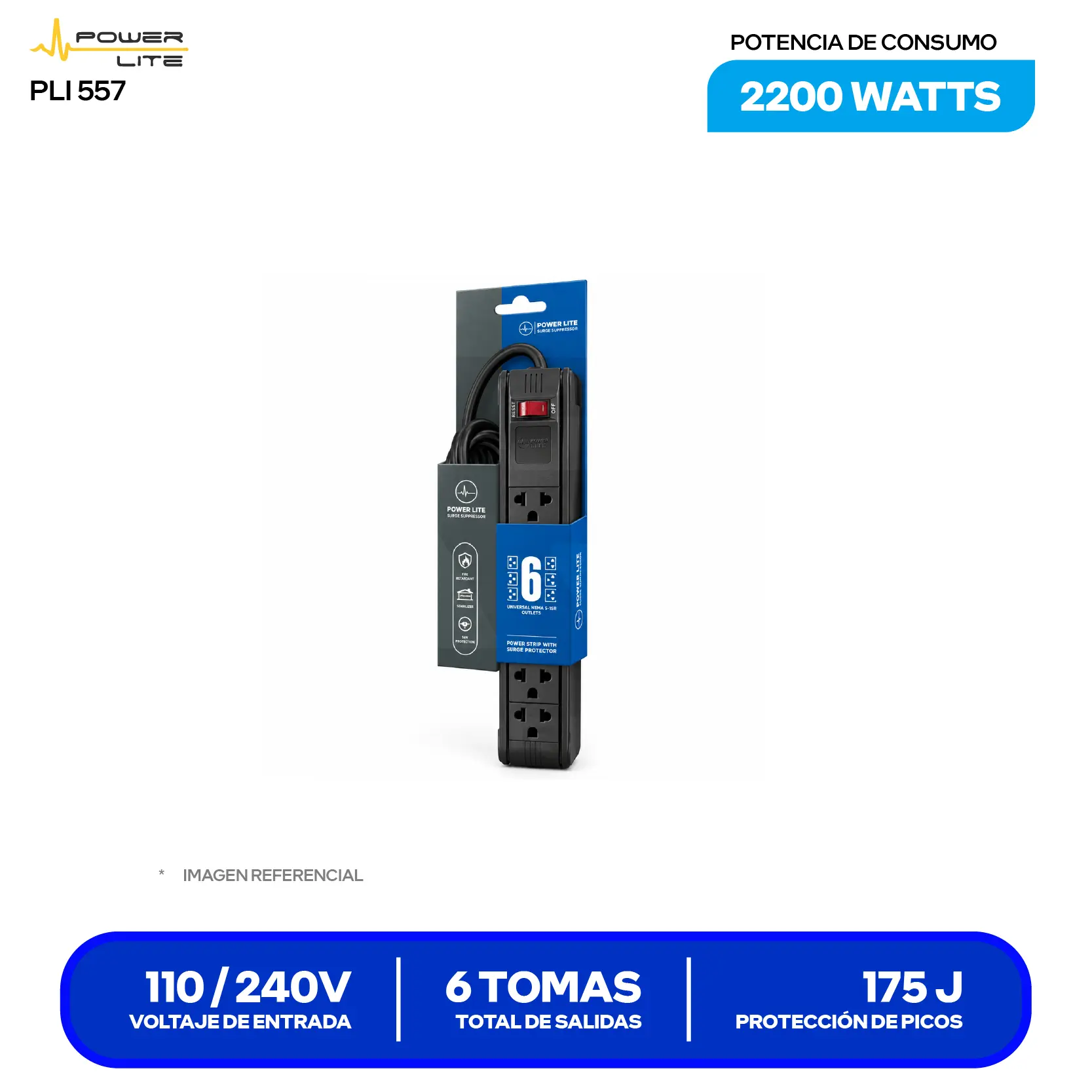 Supresor de Picos Power Lite (PLI 557) 6 Tomas, Cable de 1.2 m