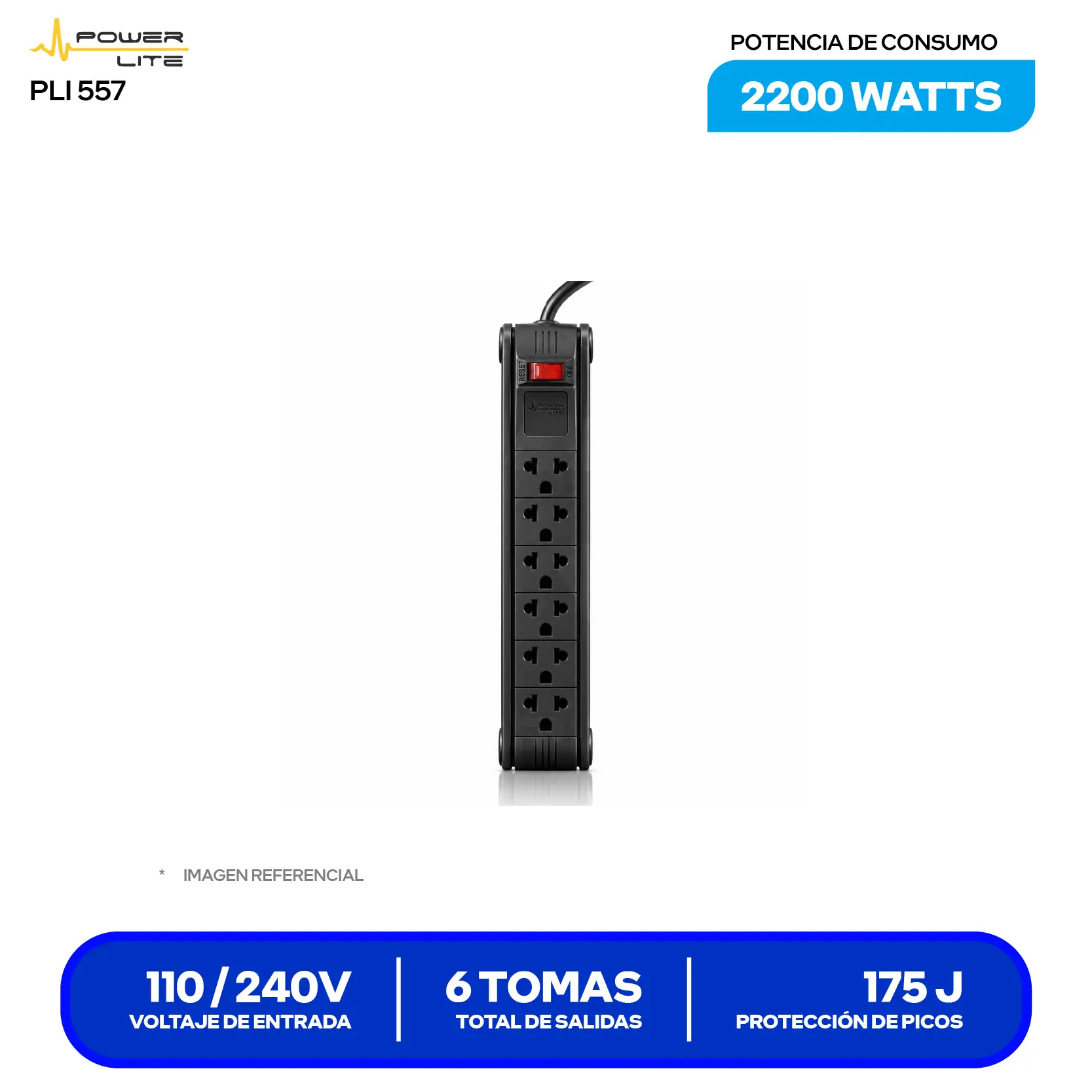 Supresor de Picos Power Lite (PLI 557) 6 Tomas, Cable de 1.2 m