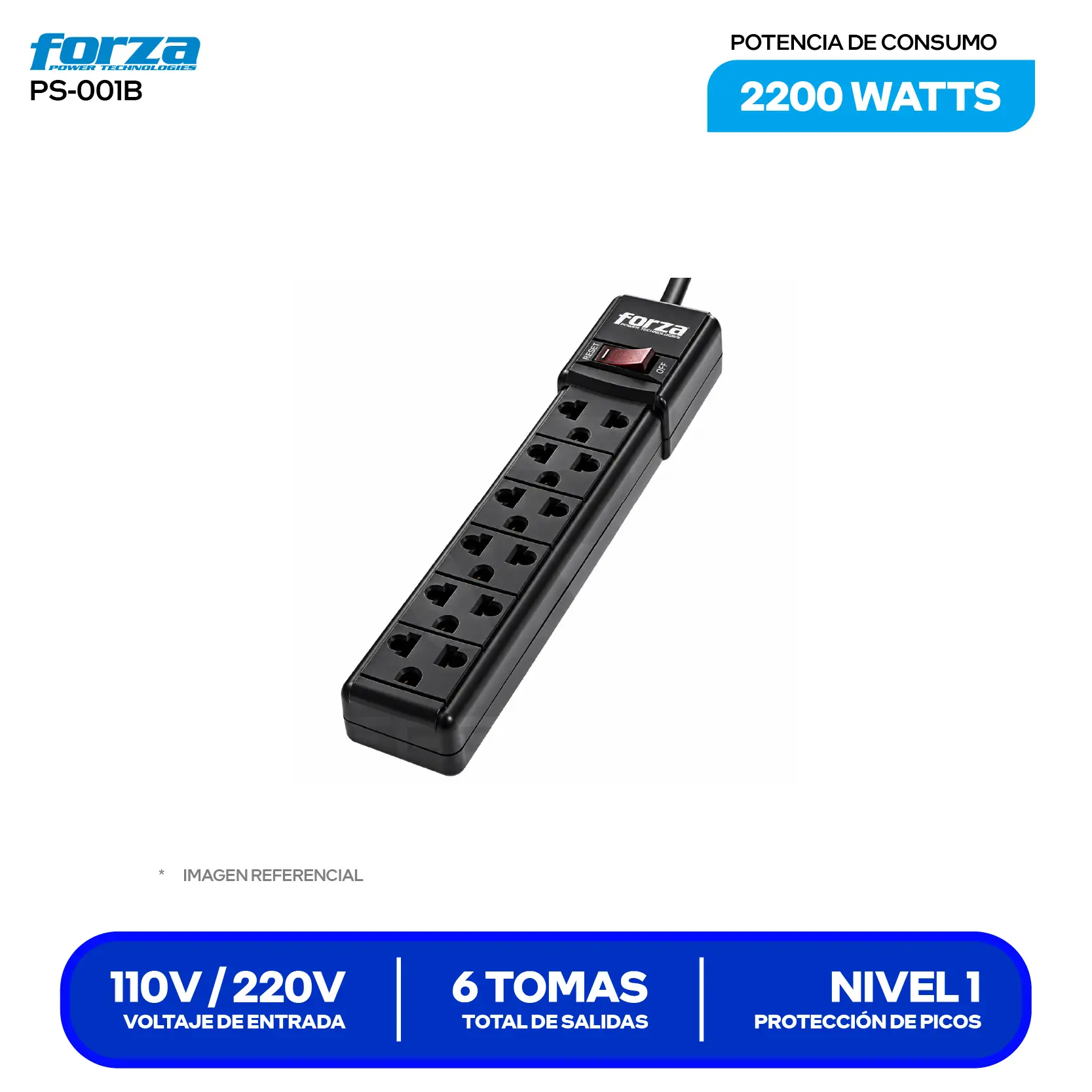 Supresor de Picos Forza (PS-001B) 6 Tomas, 2200W, 6 NEMA