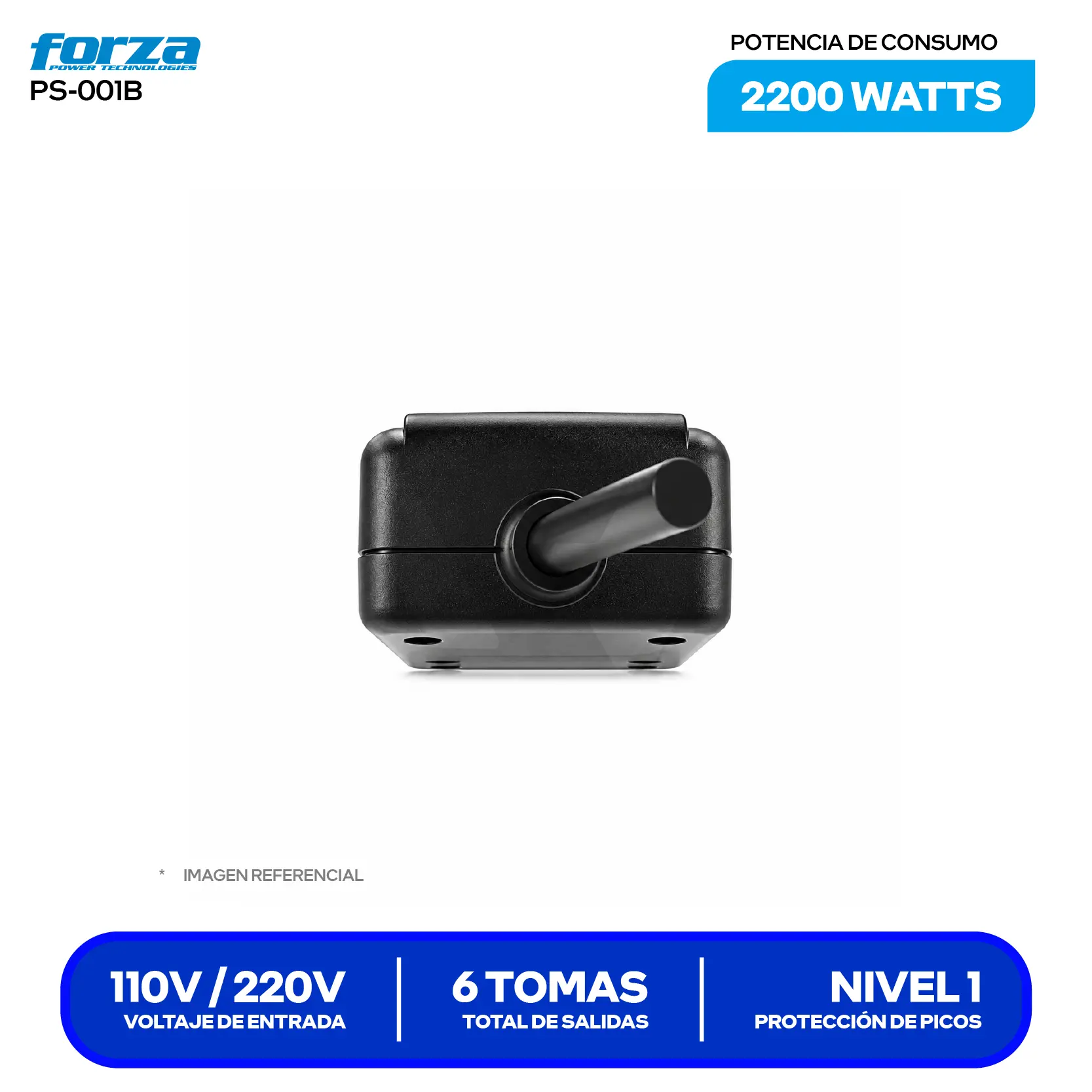 Supresor de Picos Forza (PS-001B) 6 Tomas, 2200W, 6 NEMA