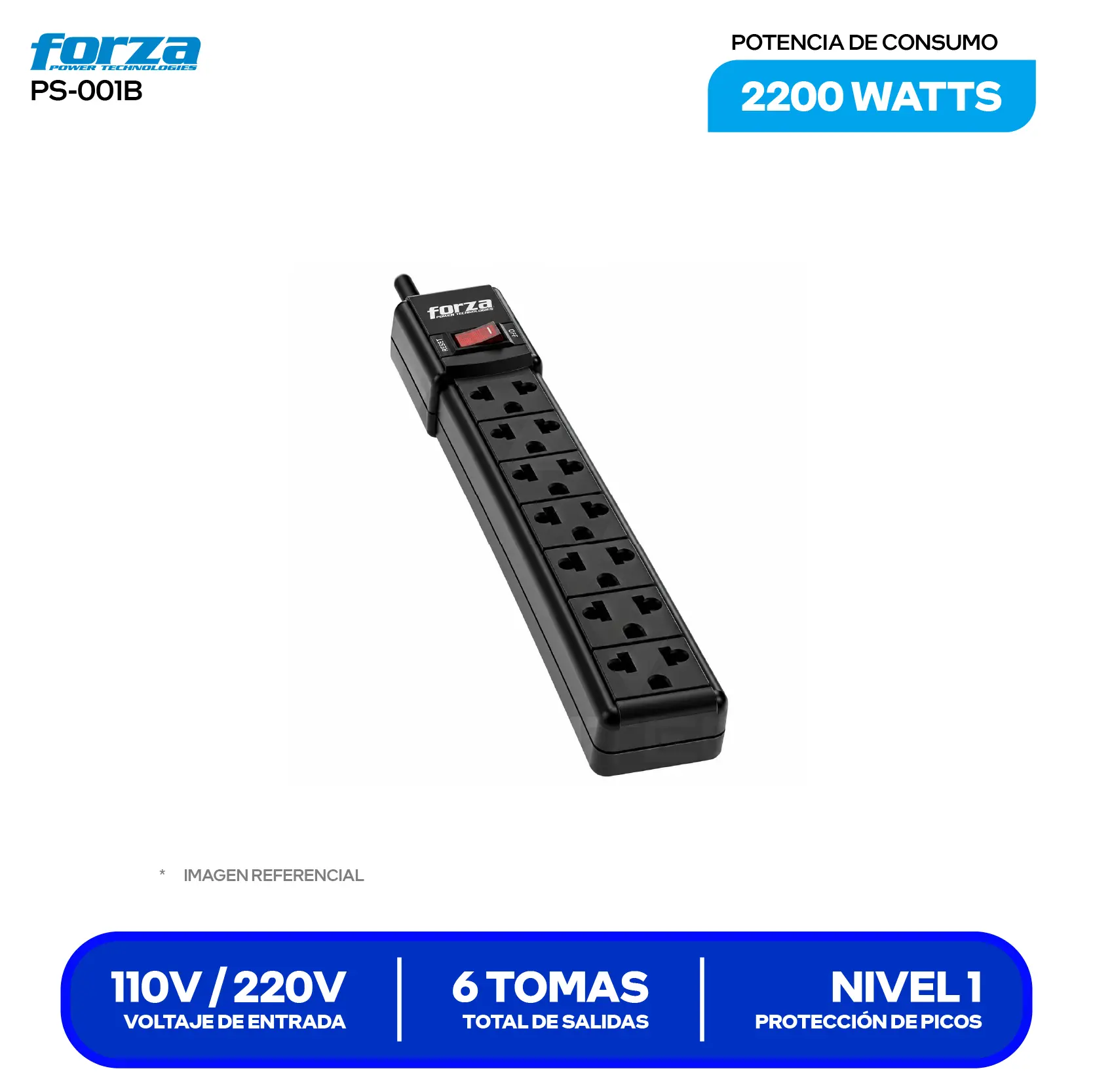 Supresor de Picos Forza (PS-001B) 6 Tomas, 2200W, 6 NEMA