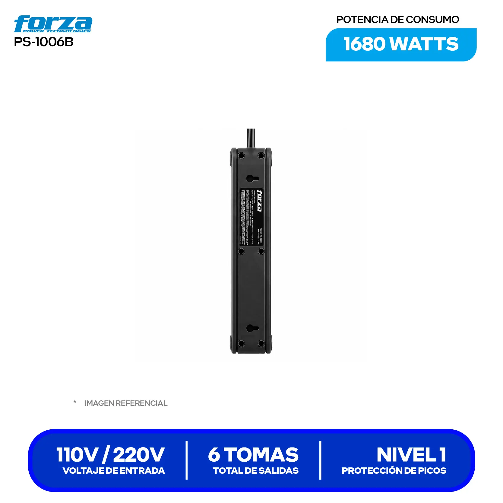 Supresor de Picos Forza 6 Tomas (PS-1006B) 1680W, 6 NEMA