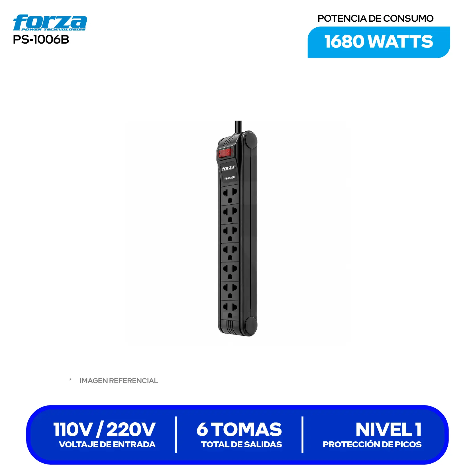 Supresor de Picos Forza 6 Tomas (PS-1006B) 1680W, 6 NEMA