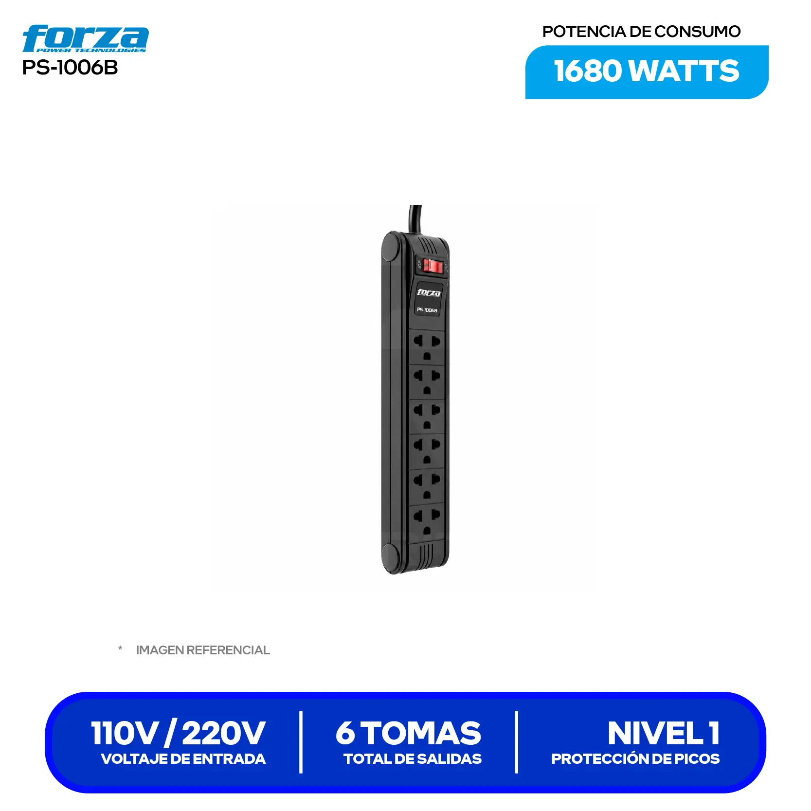 Supresor de Picos Forza 6 Tomas (PS-1006B) 1680W, 6 NEMA